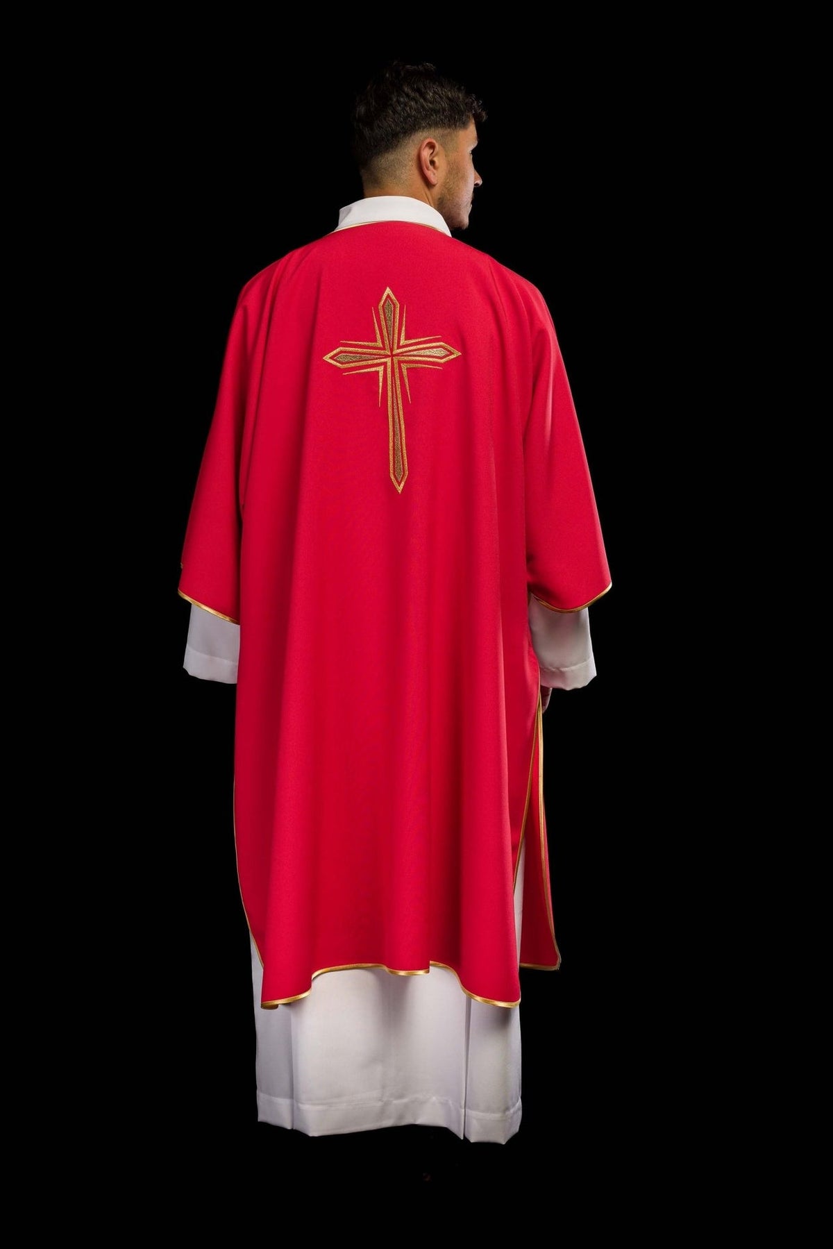 Red dalmatic back view showing gold trim and embroidered cross
