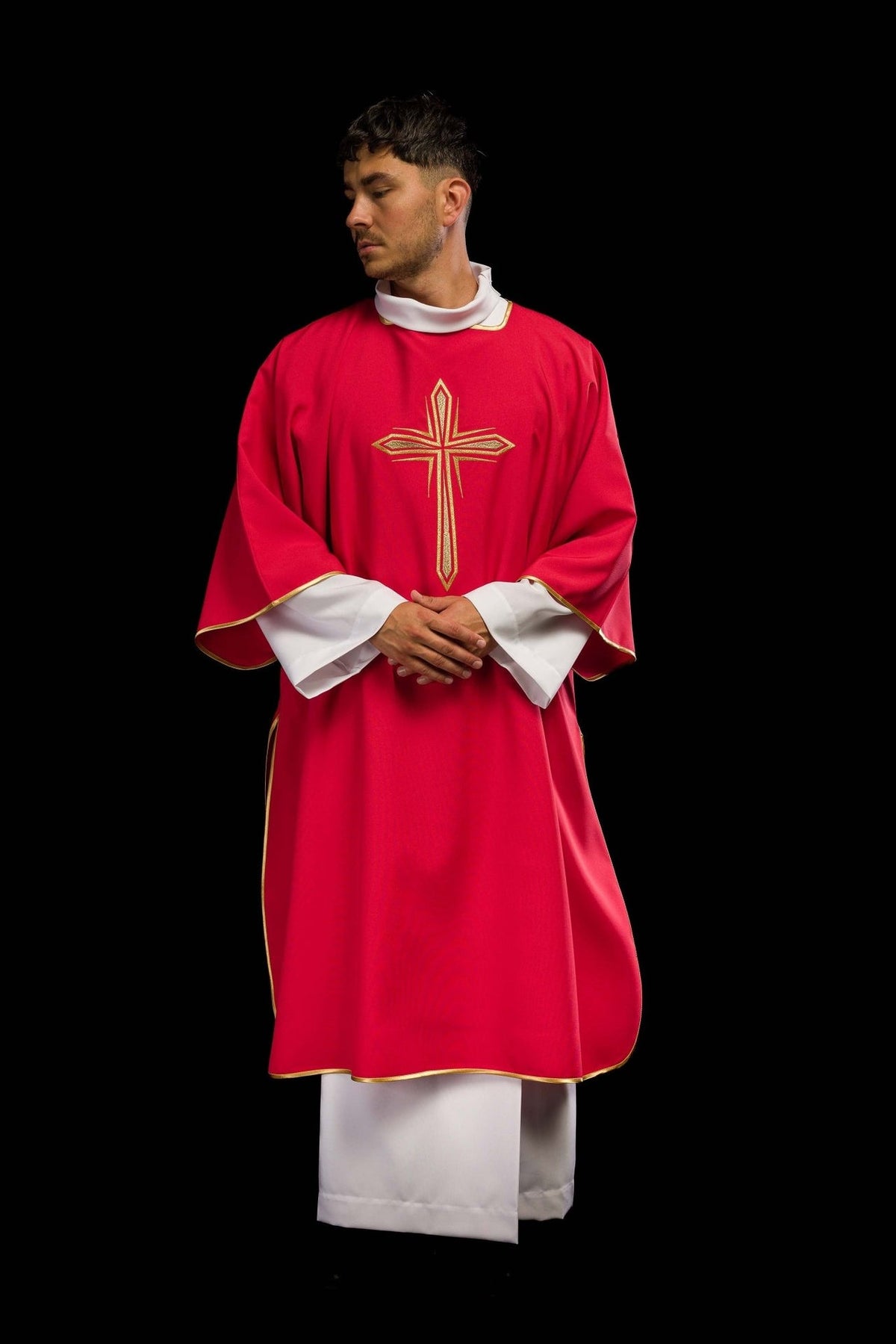 Red dalmatic front view with embroidered cross and gold trim