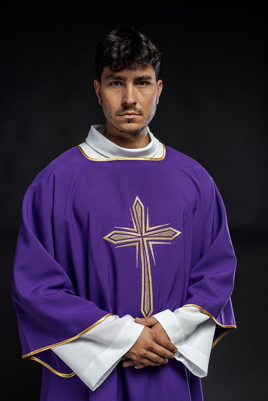 Purple dalmatic, front close-up showing embroidered gold cross and gold trim