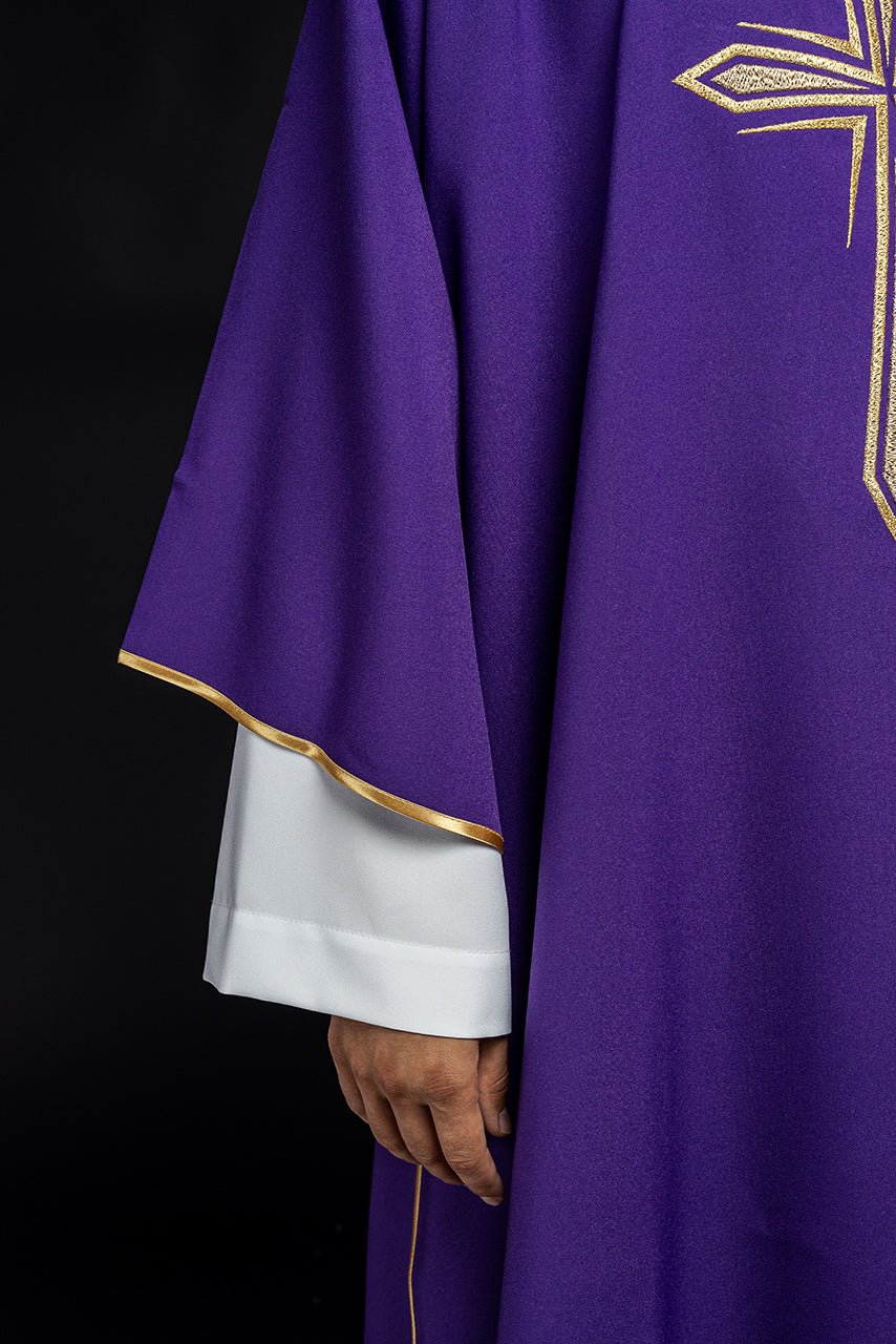Purple dalmatic, sleeve close-up with gold trim and white cuff