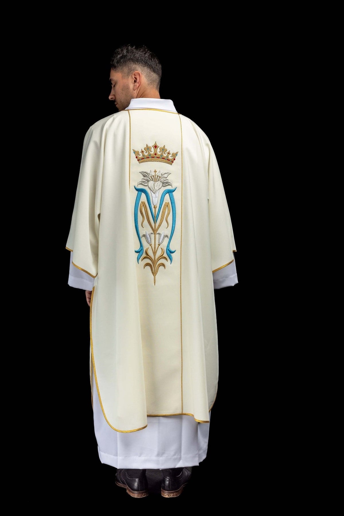 Ecru dalmatic full back view with central Marian embroidery and gold trim