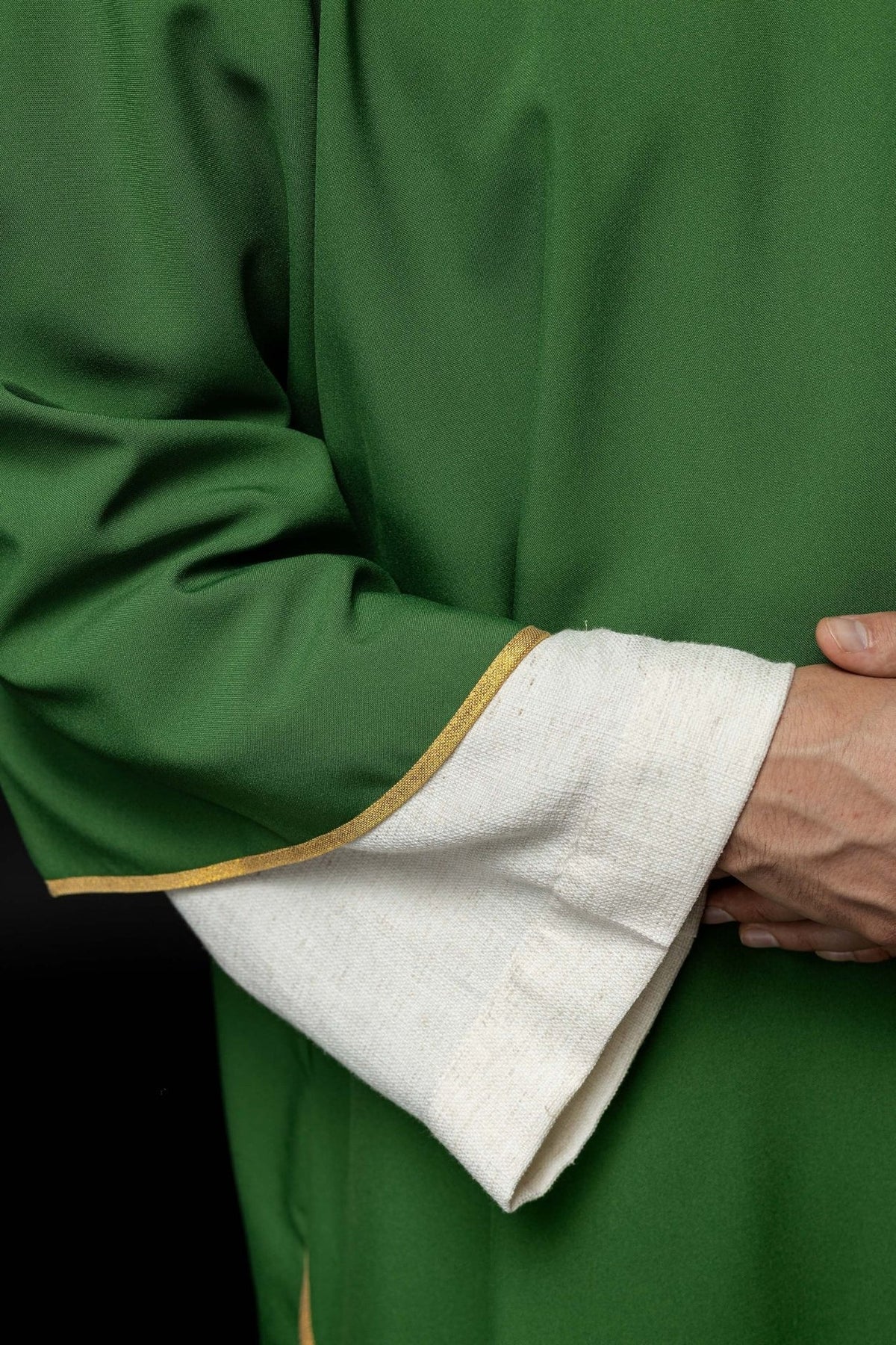 Green dalmatic smooth polyester fabric close-up