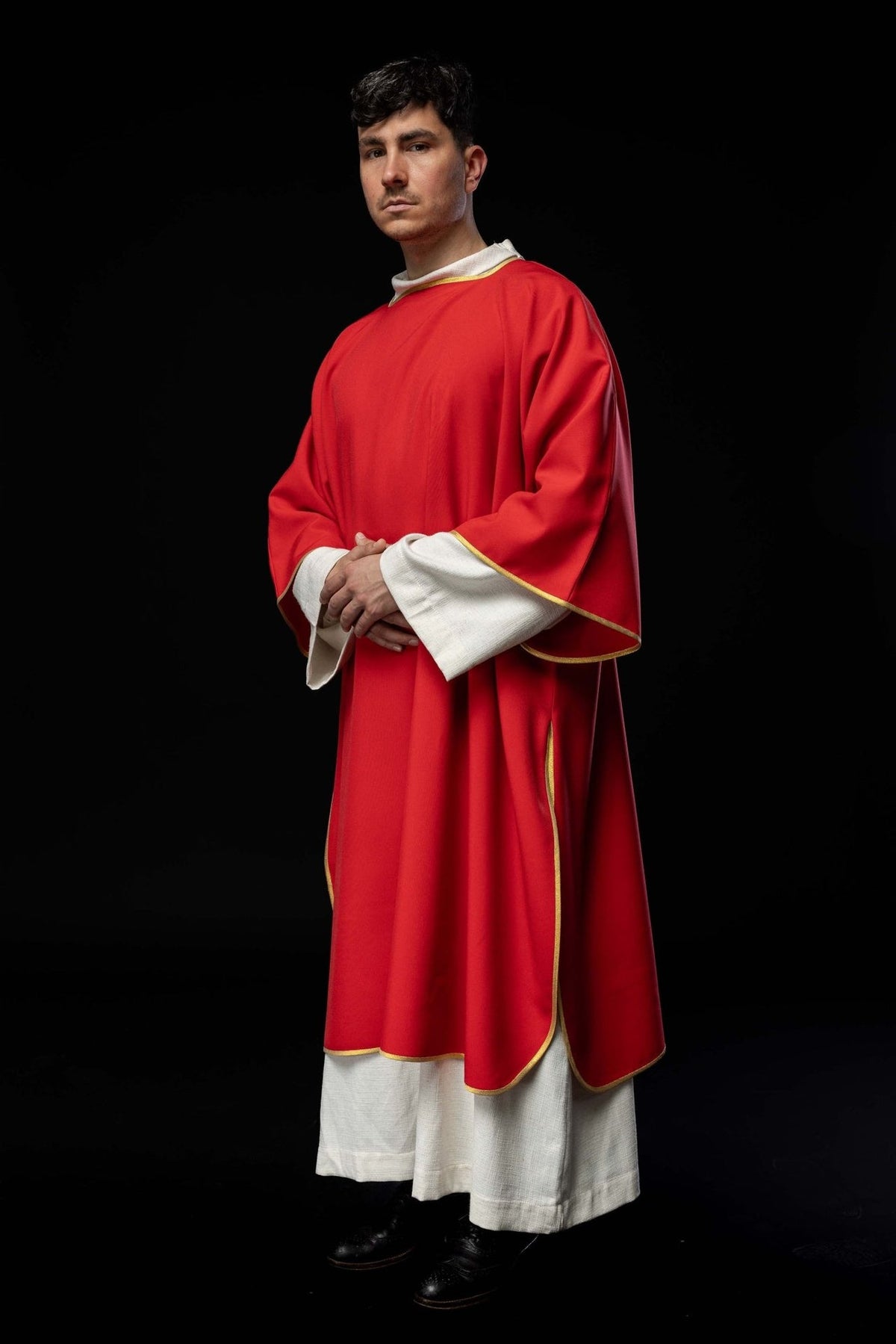 Red dalmatic rear three-quarter view with gold trim