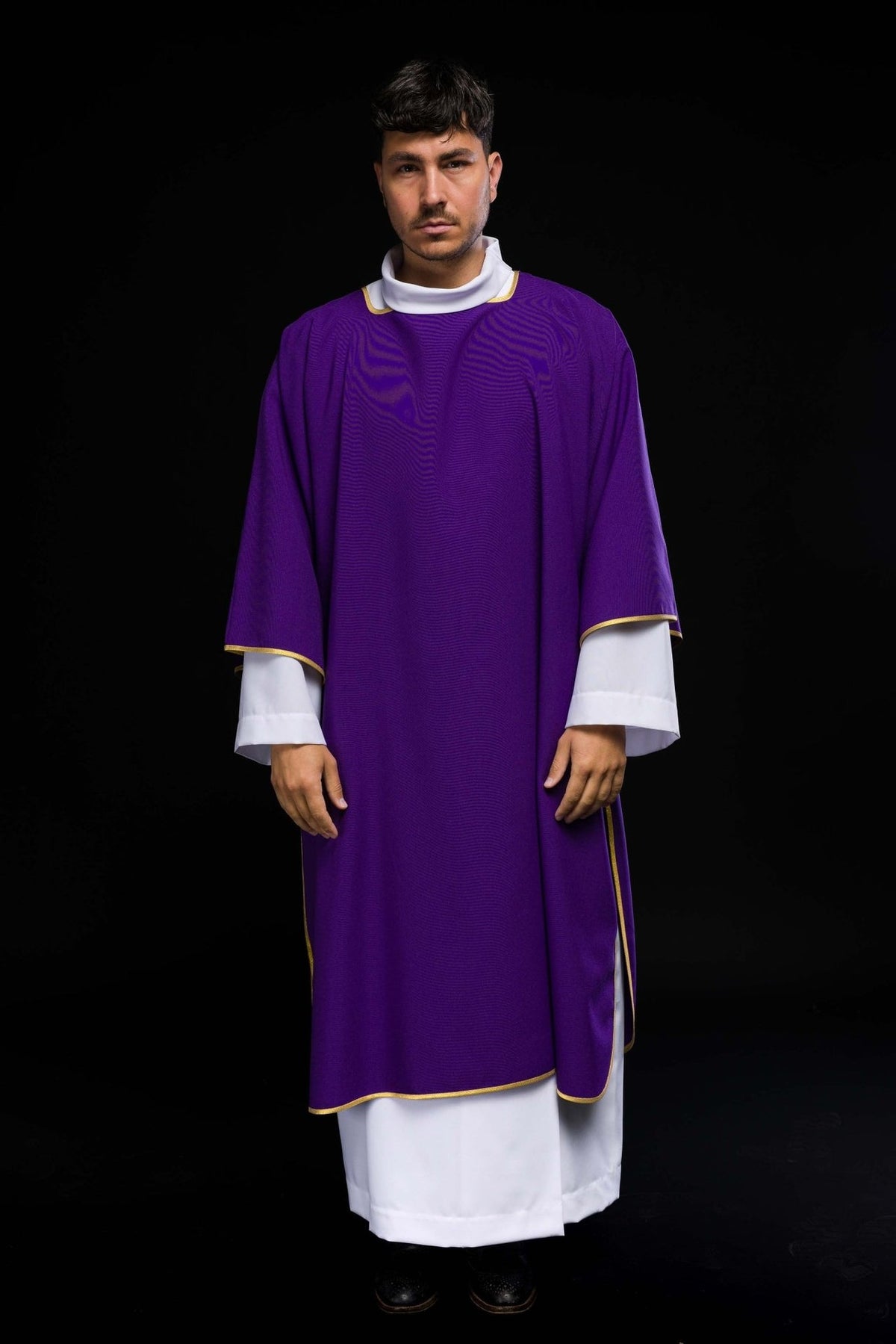 Purple dalmatic with gold trim, full front view