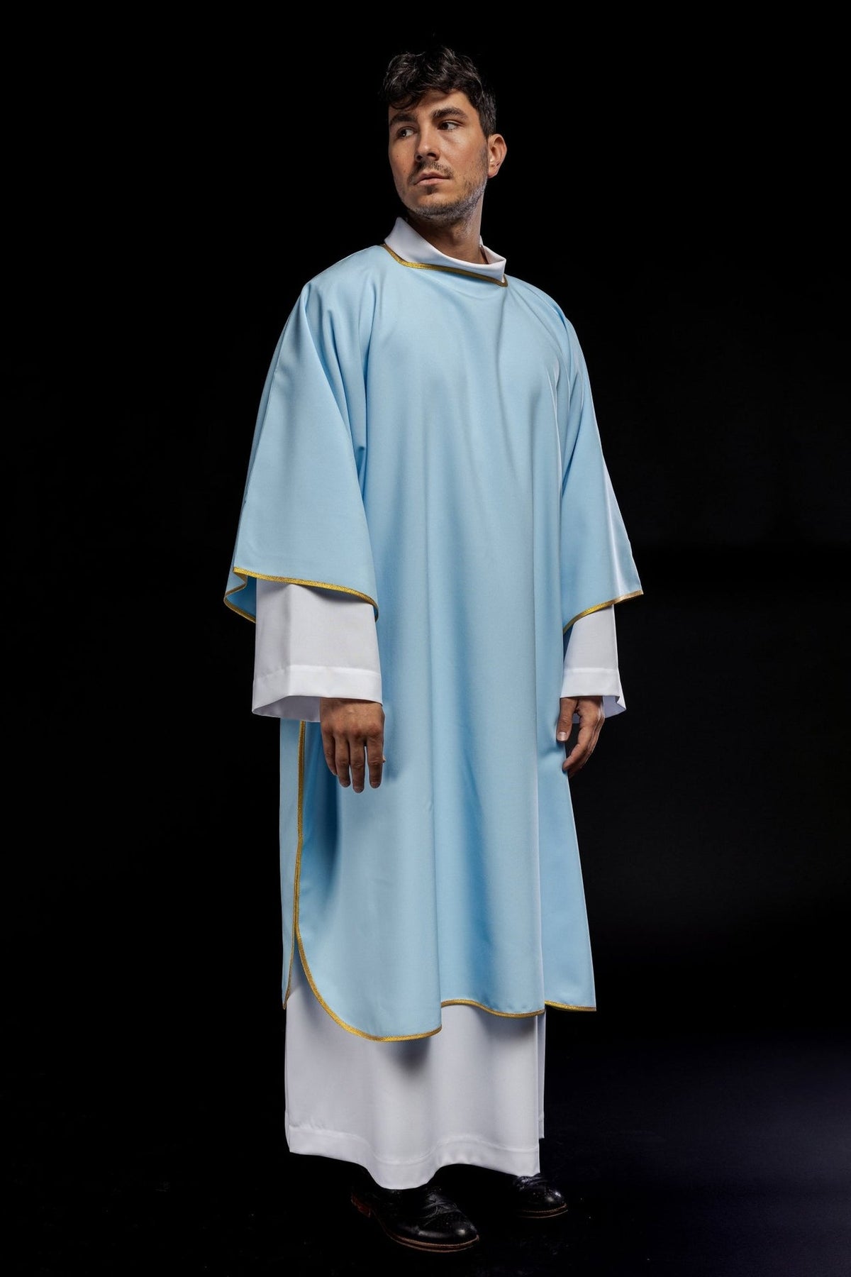Blue dalmatic, full front view with wide sleeves and gold trim