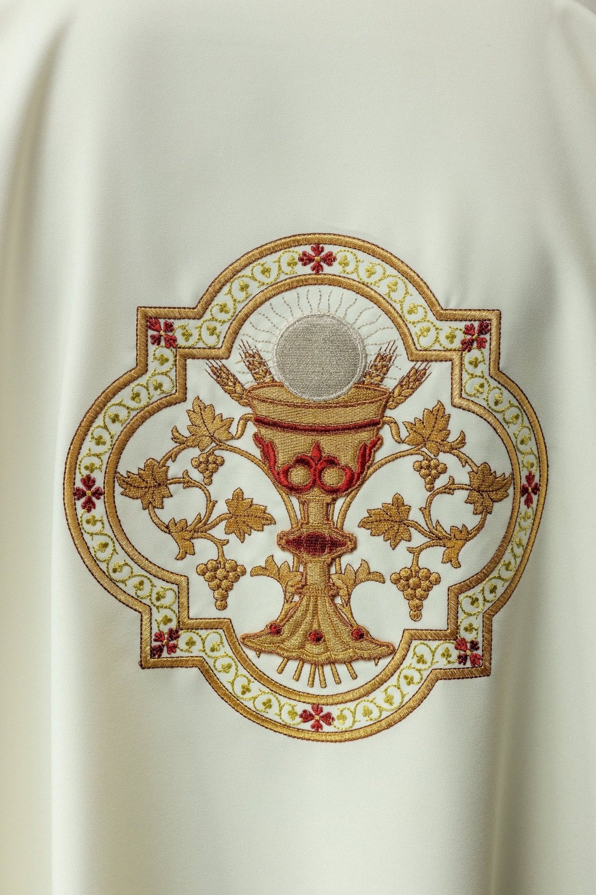 Ecru dalmatic close-up of the Communion Chalice embroidery on the back