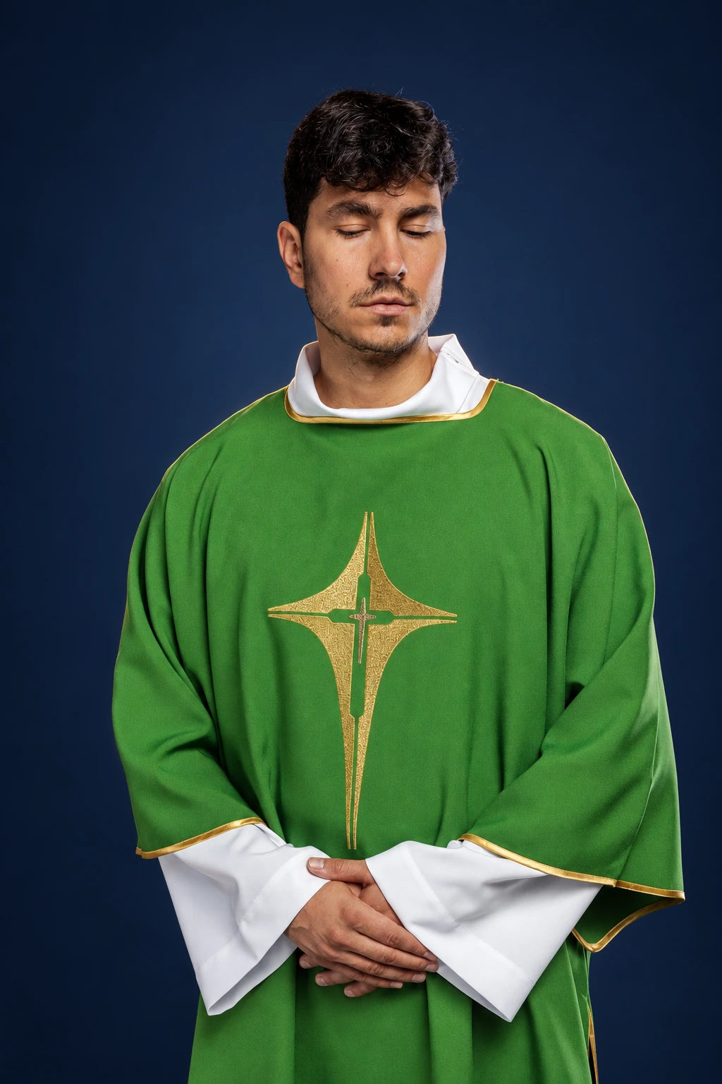 Green Dalmatic with Embroidered Gold Cross, front view worn with gold trim