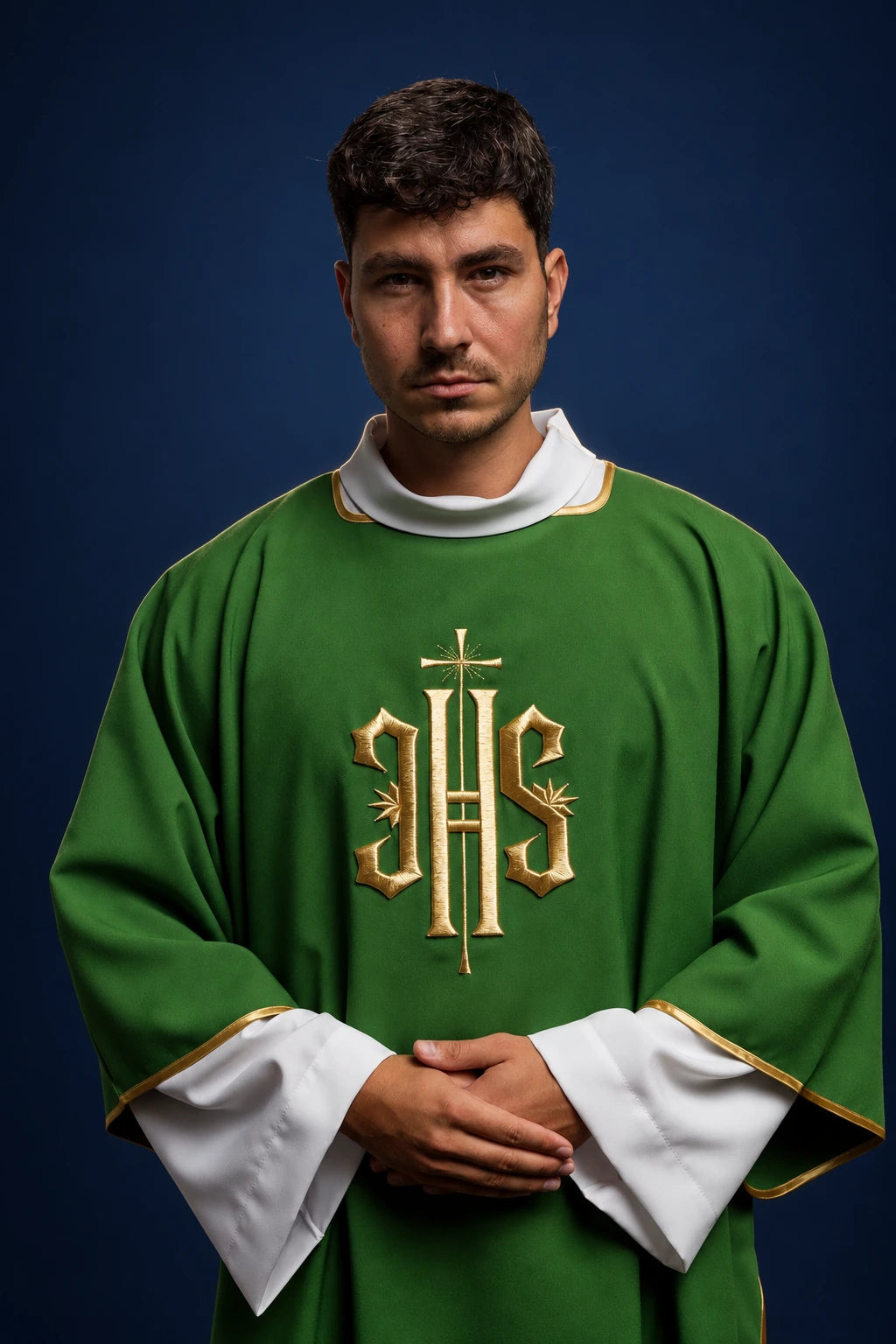 Green Dalmatic with Gold IHS Embroidery worn front view, with gold trim and white cuffs