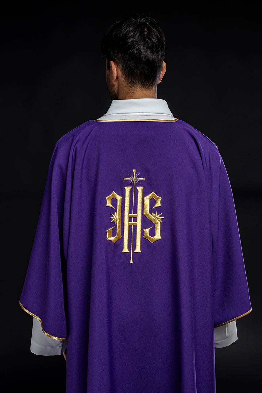 Purple dalmatic back view with embroidered gold IHS and gold trim