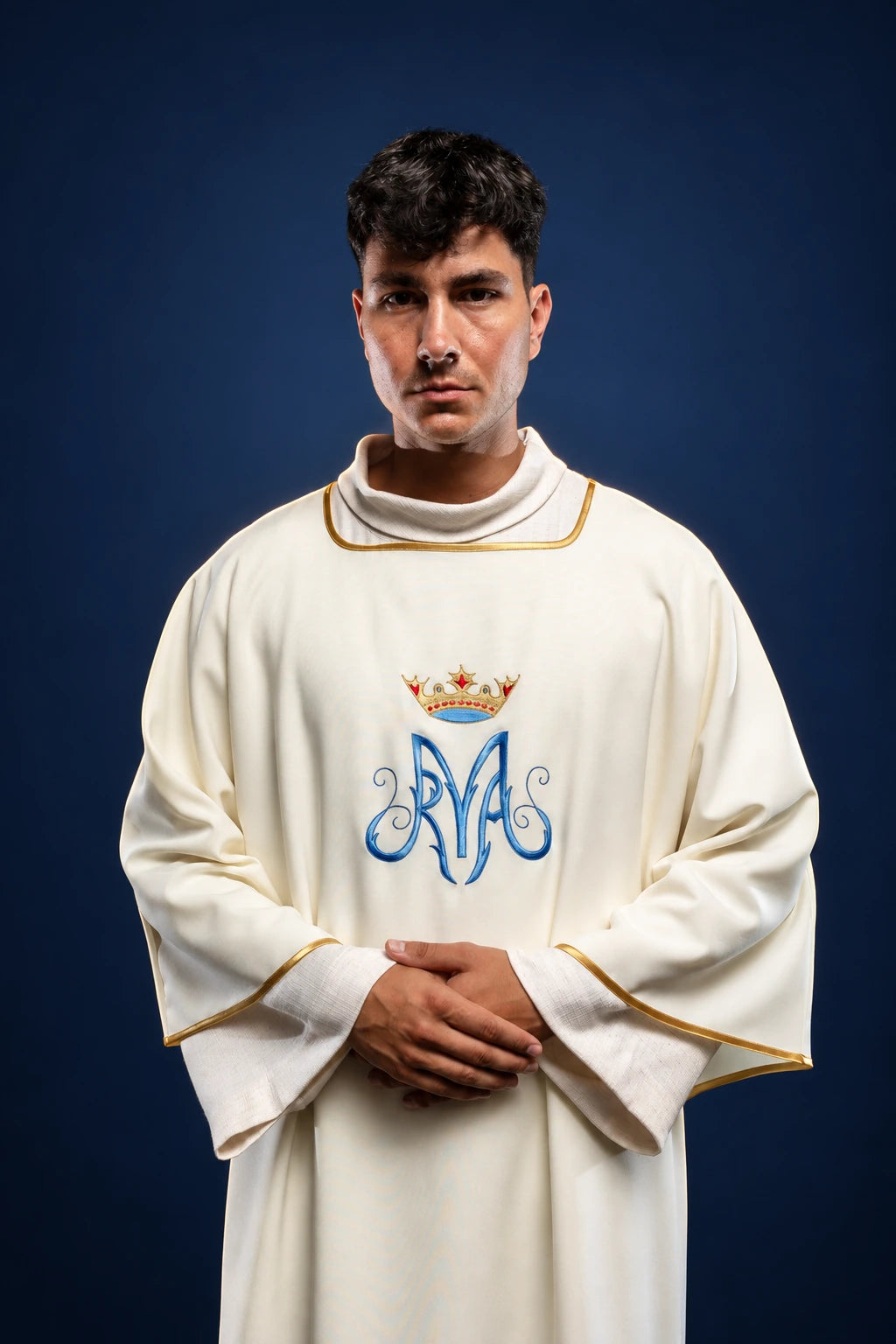 Dalmatic with Gold Marian Embroidery, front view in white with gold trim and blue Marian embroidery