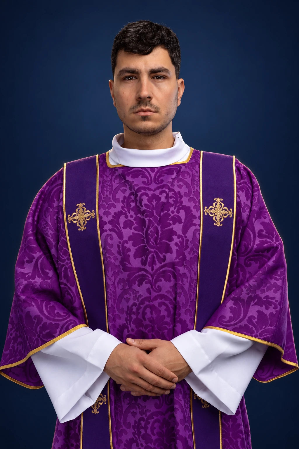 Purple Dalmatic with Orphreys and Embroidered Gold Crosses, front view worn