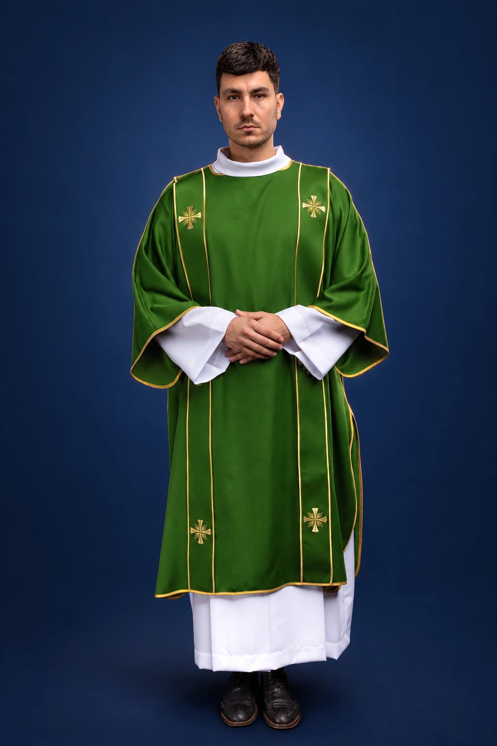 Green Dalmatic with Orphreys and Embroidered Gold Crosses, front view worn
