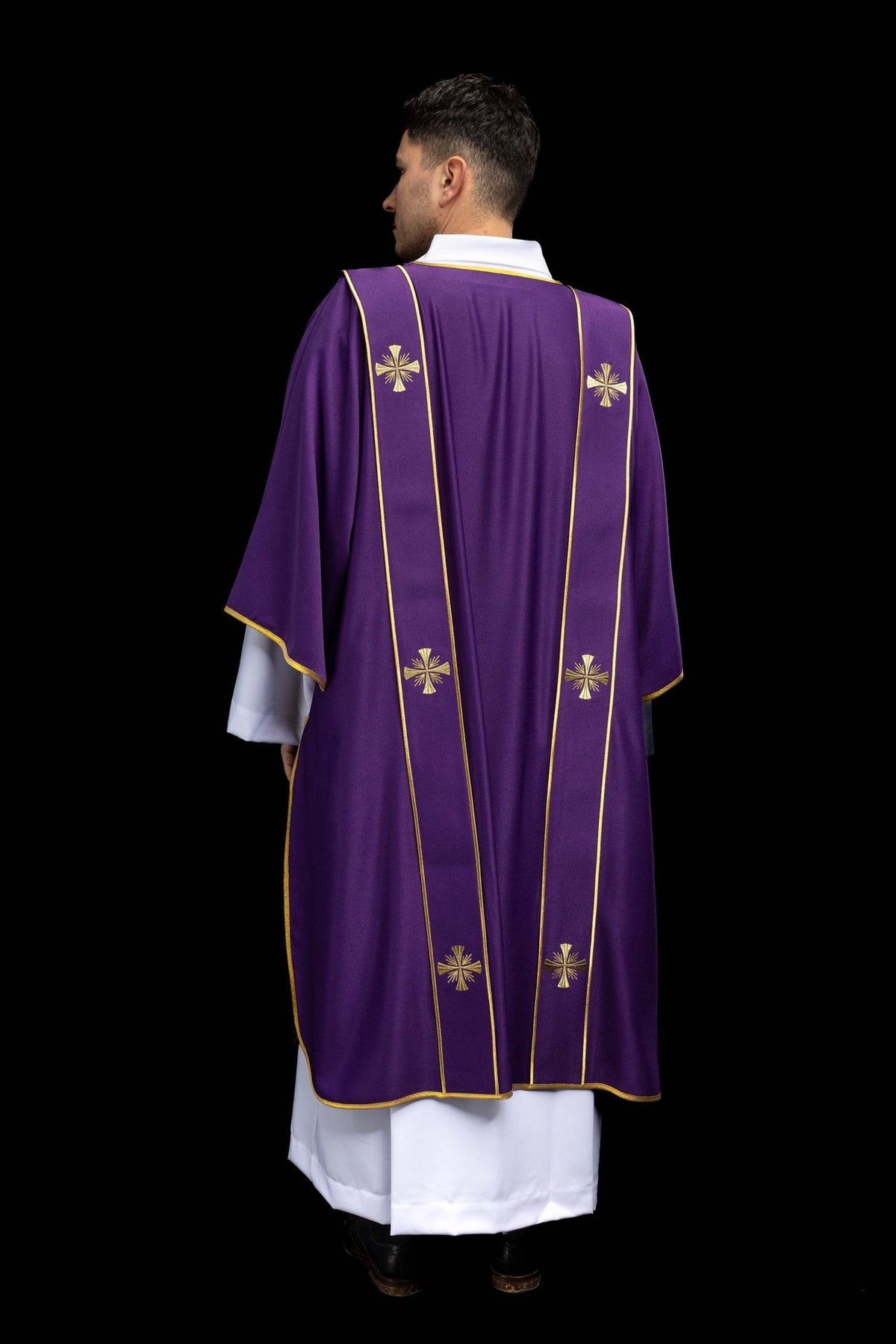 Purple dalmatic back view with stole and four gold crosses