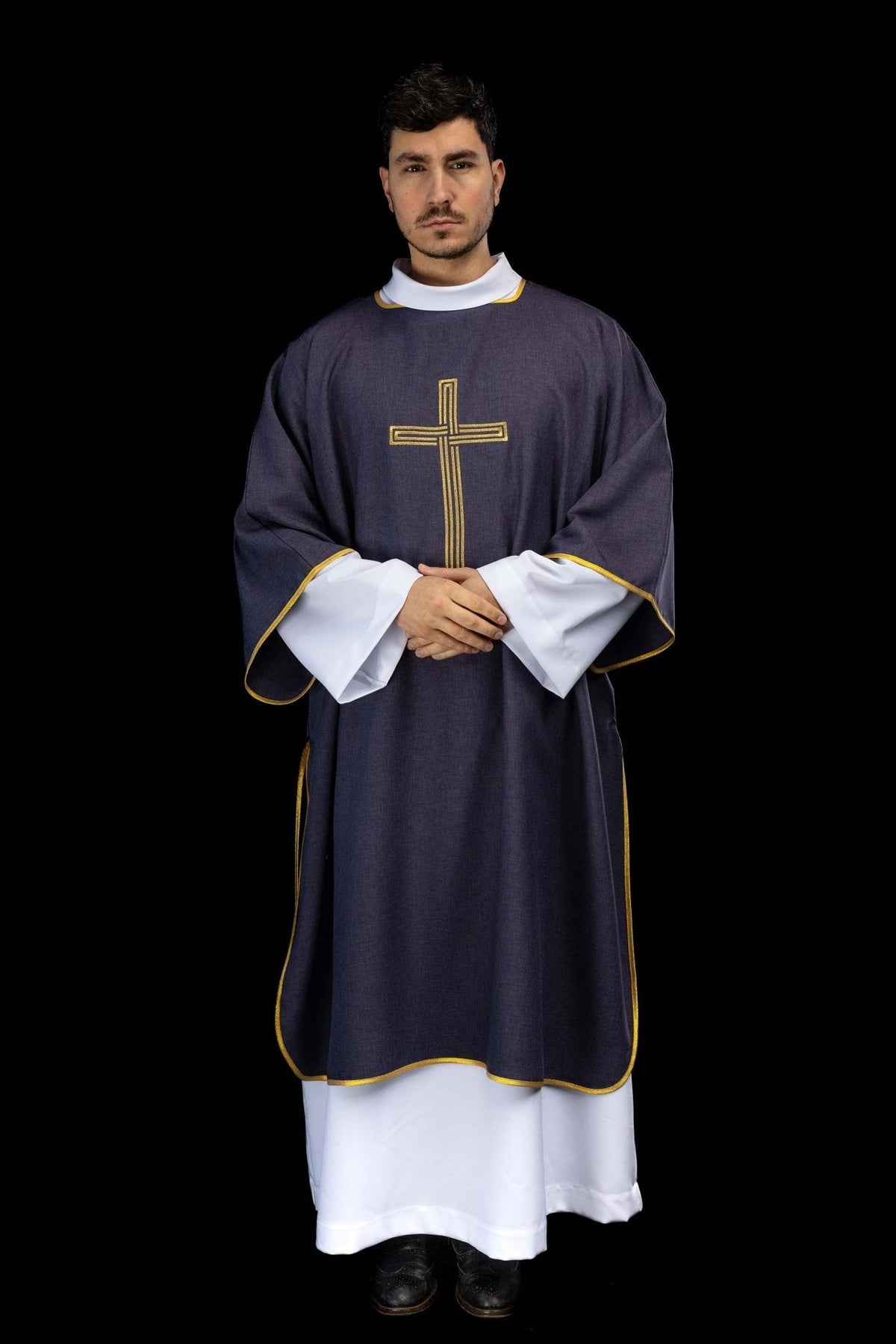 Purple dalmatic, full front view with embroidered gold cross and gold trim
