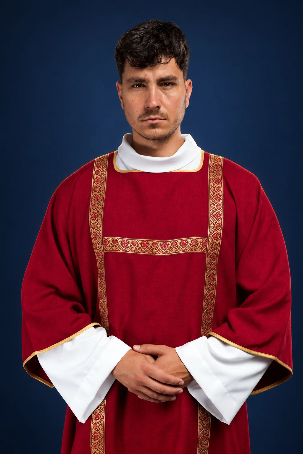 Red Dalmatic with Gold Jacquard Orphreys, front view worn