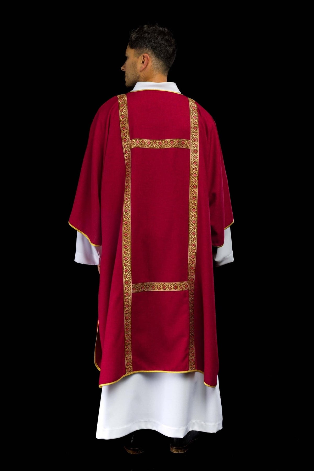 Red dalmatic full back view with gold trim