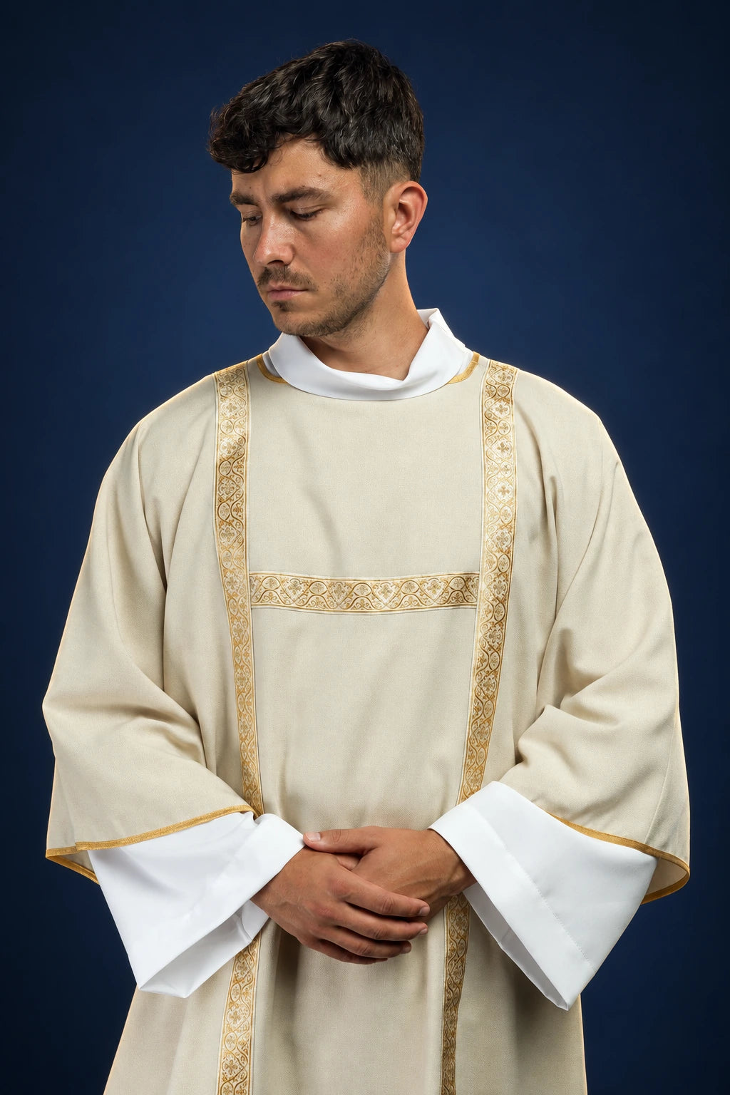 Ecru Dalmatic with Gold Jacquard Orphreys, front view worn with cross-patterned trim