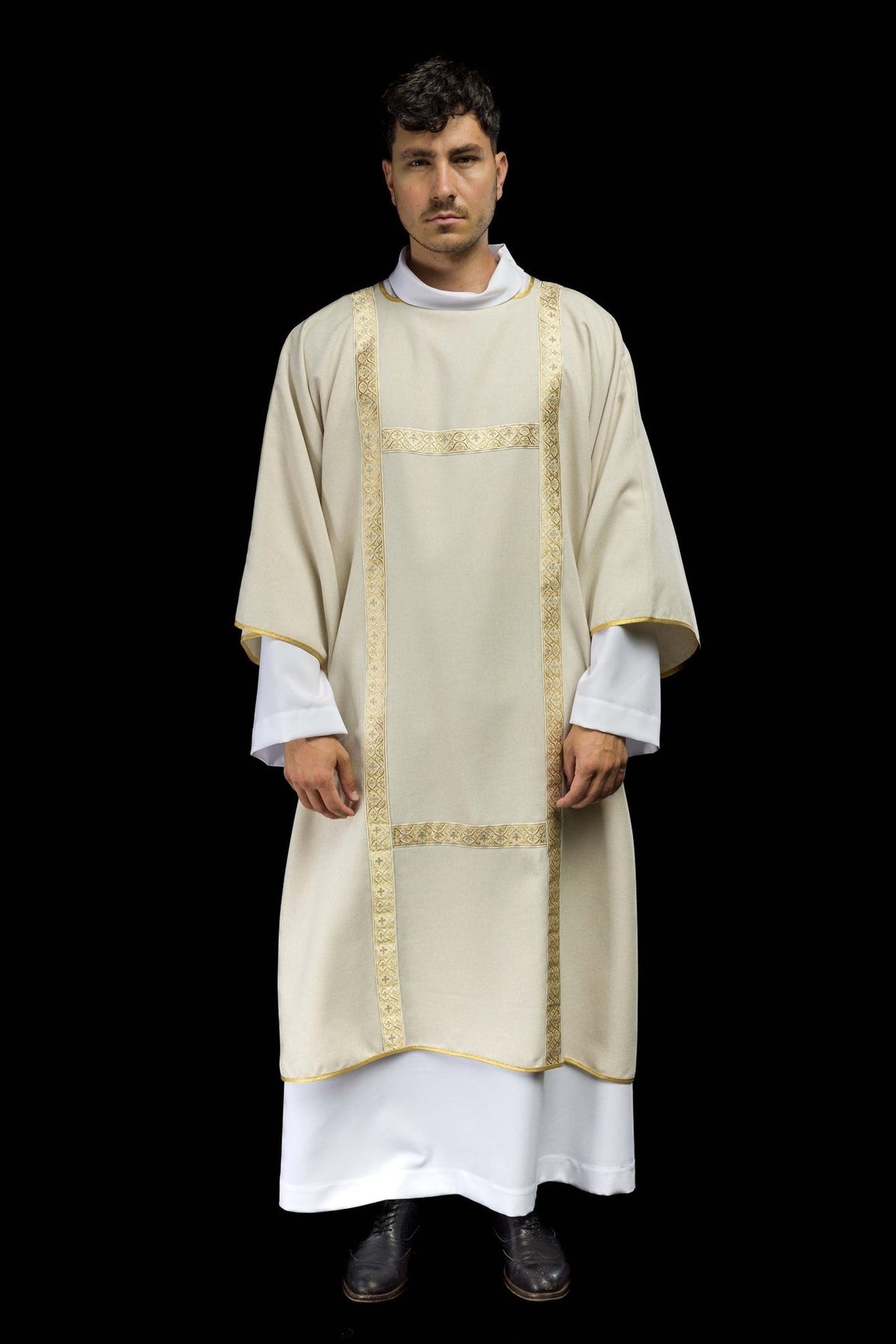 Ecru dalmatic front view showing full length, sleeves and gold orphreys