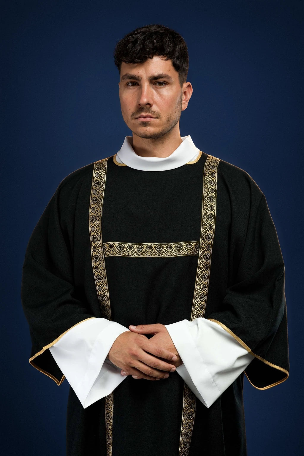 Black Dalmatic with Gold Jacquard Orphreys worn front view