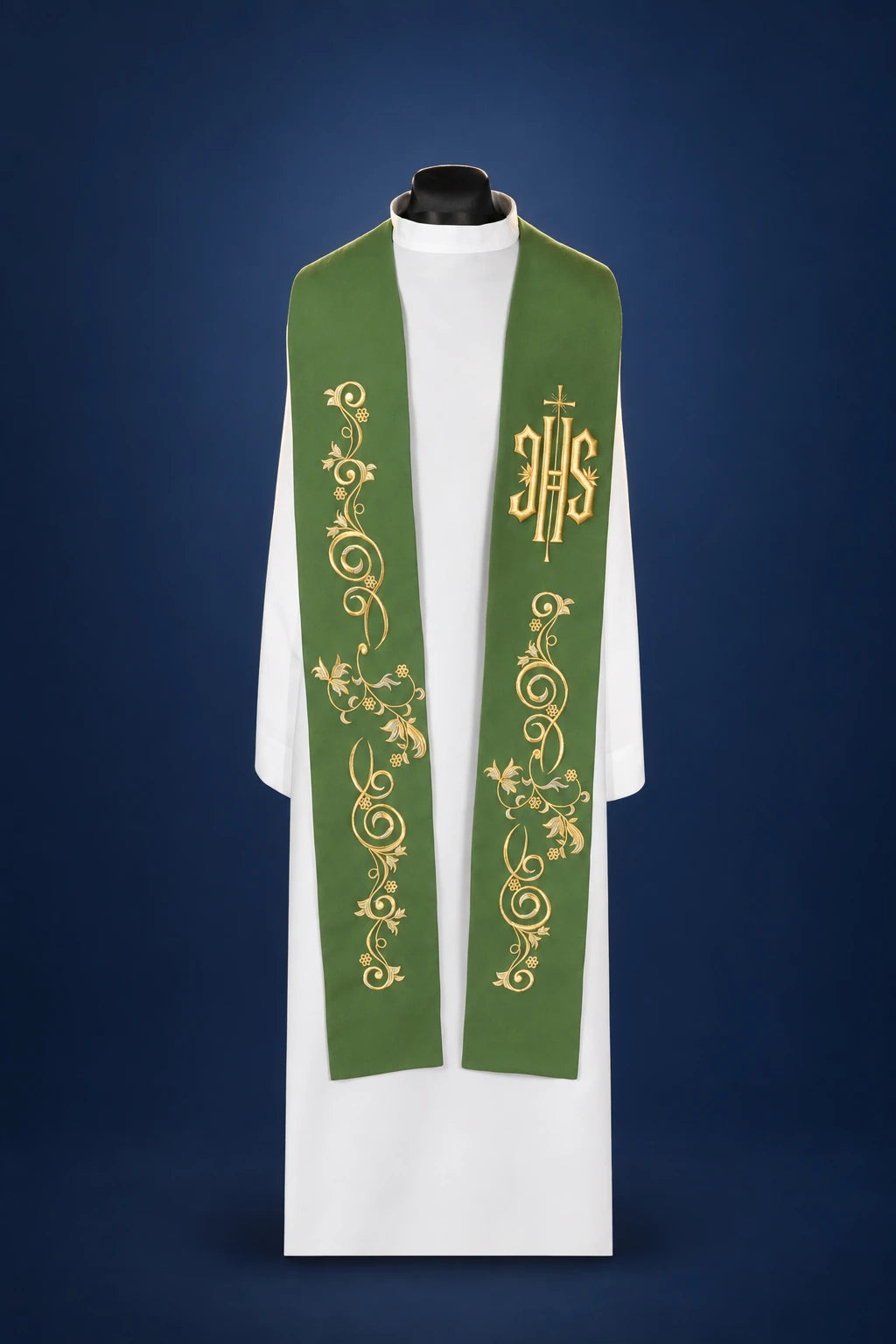 Embroidered Green Priest Stole with IHS Symbol, front view with gold floral embroidery