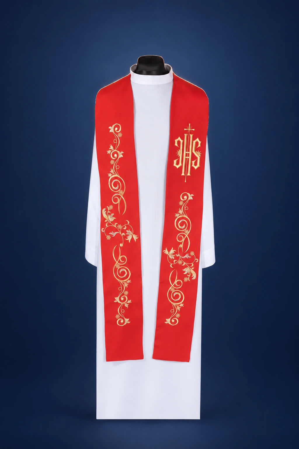 Embroidered Red Priest Stole with IHS, front view with gold embroidery and IHS symbol