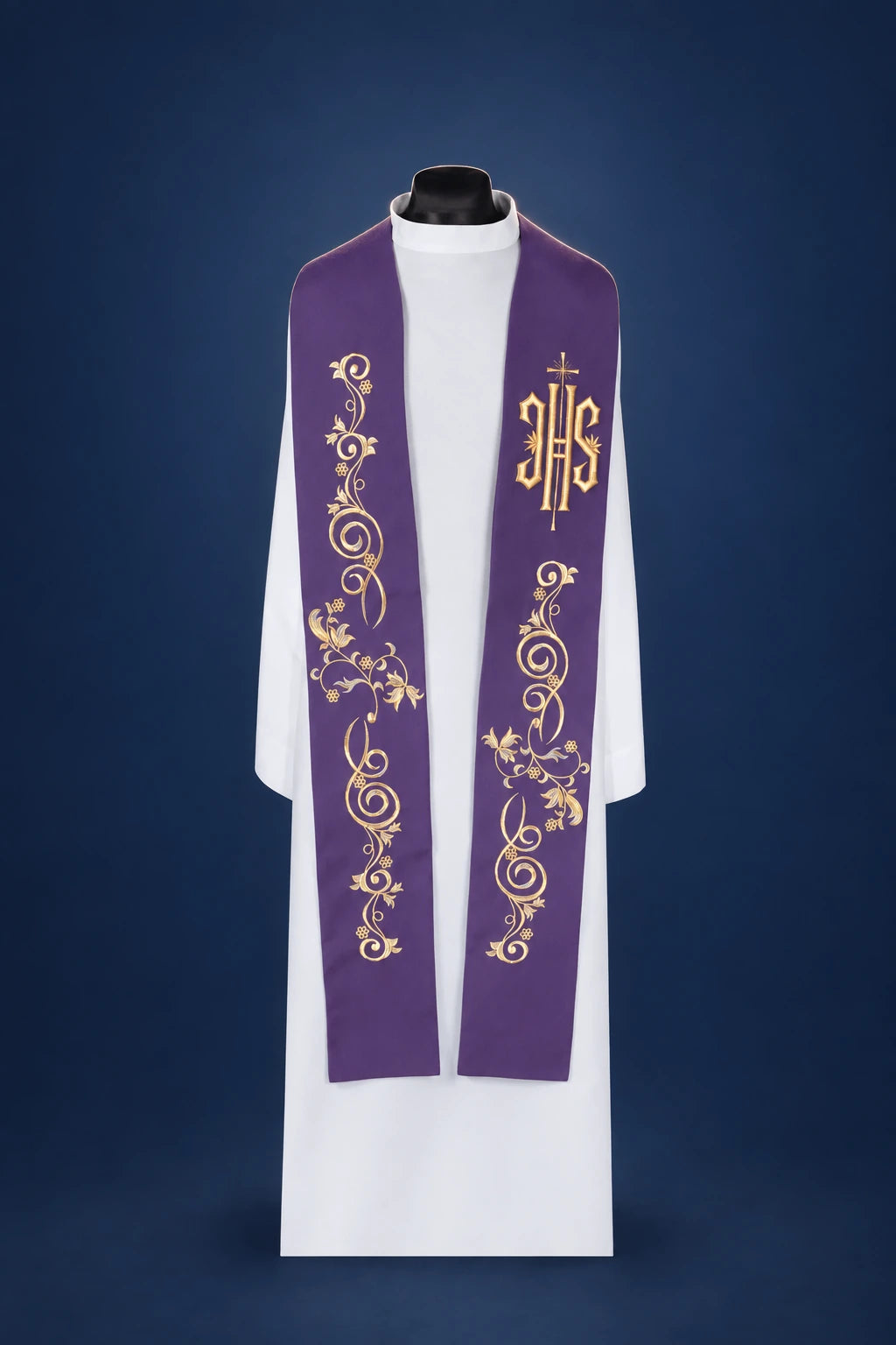 Purple embroidered priest stole with IHS symbol, front view with gold floral embroidery