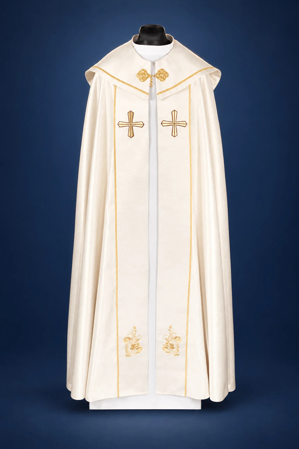 Ecru Embroidered Cope with Gold Cross, front view with gold crosses, floral embroidery and gold trim