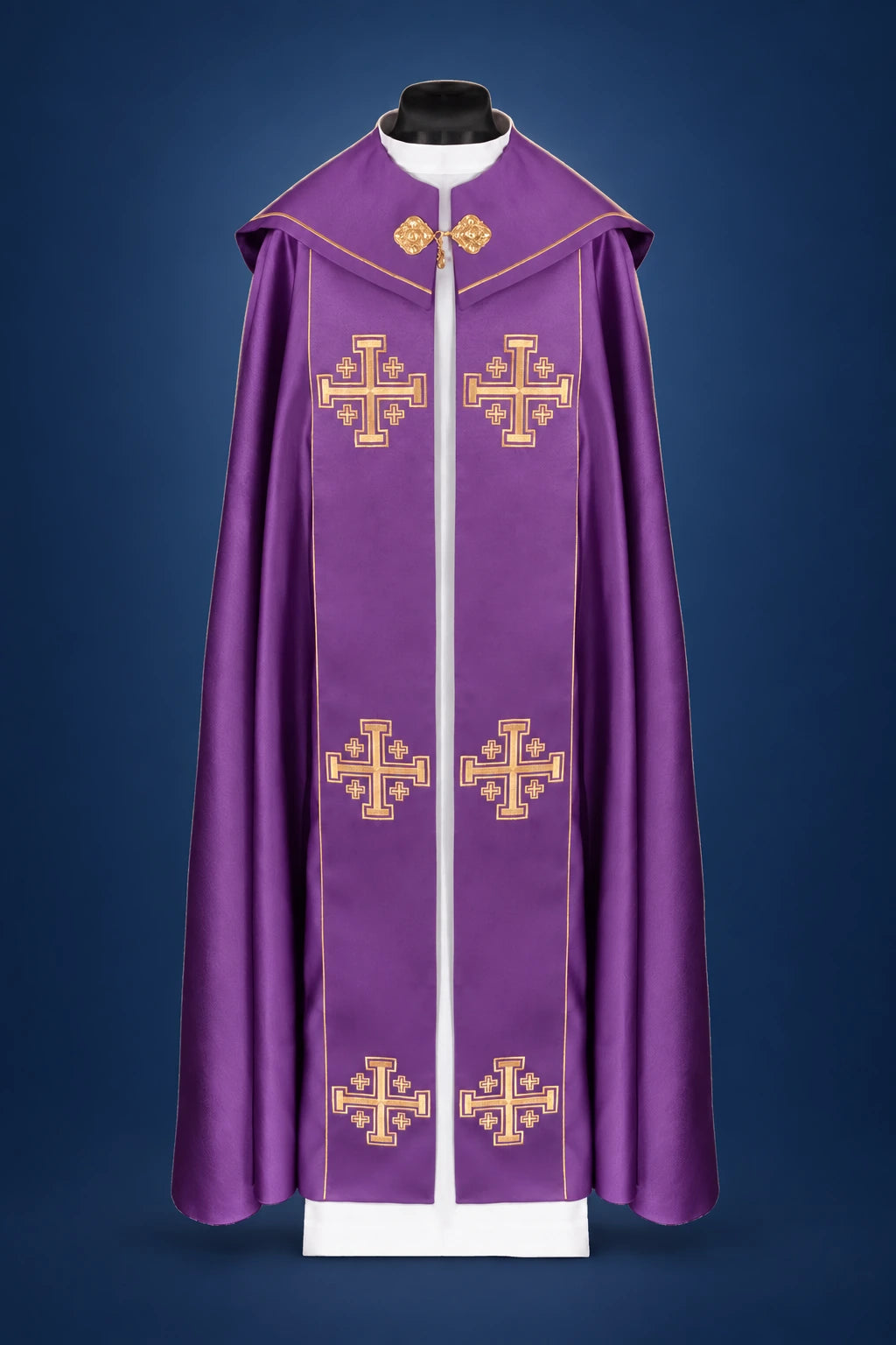 Purple Cope with Orphrey and Embroidered Crosses, front view with gold cross embroidery