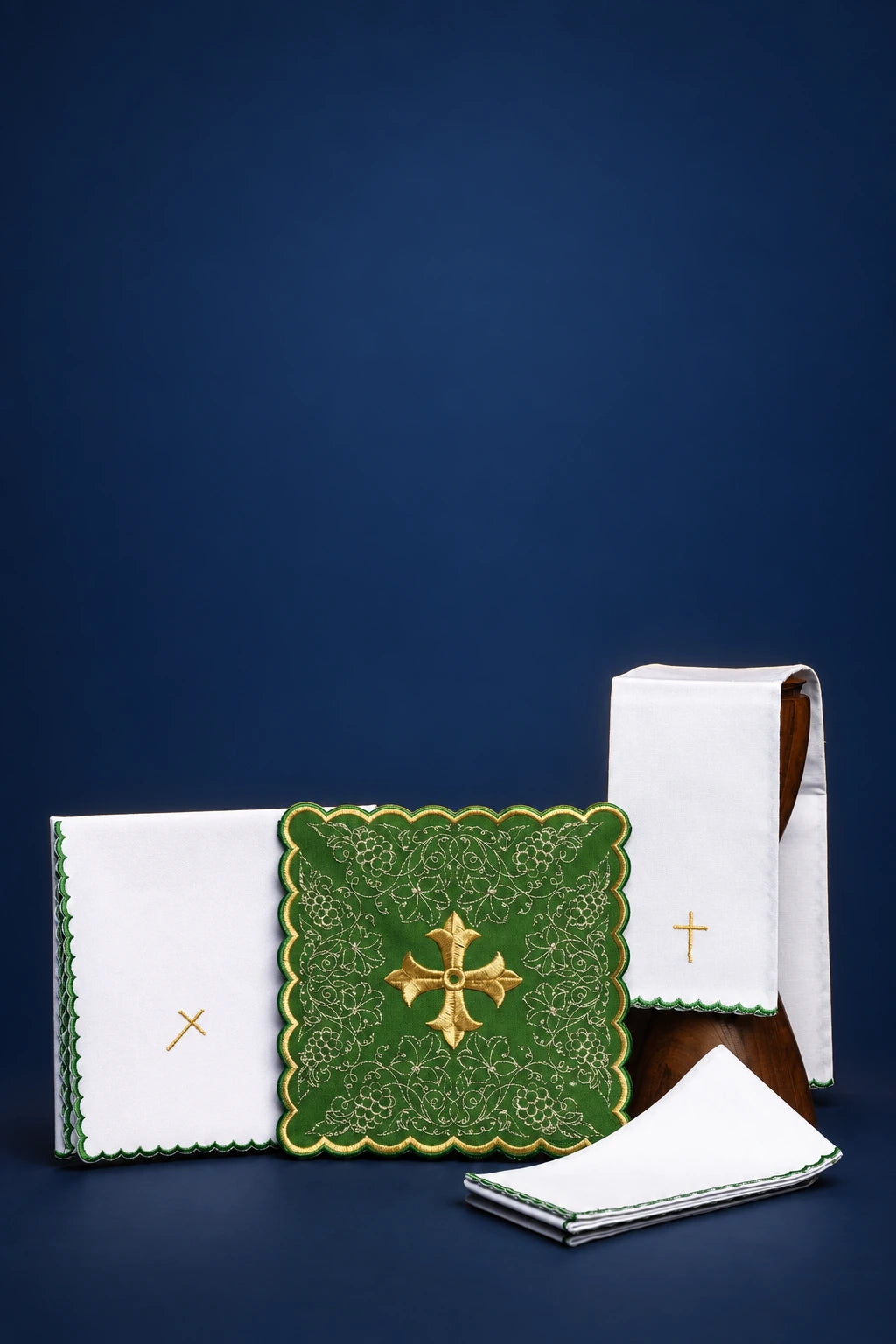 Embroidered Green Altar Linen Set with Cross Motif, full set with white linens, green panel and gold cross