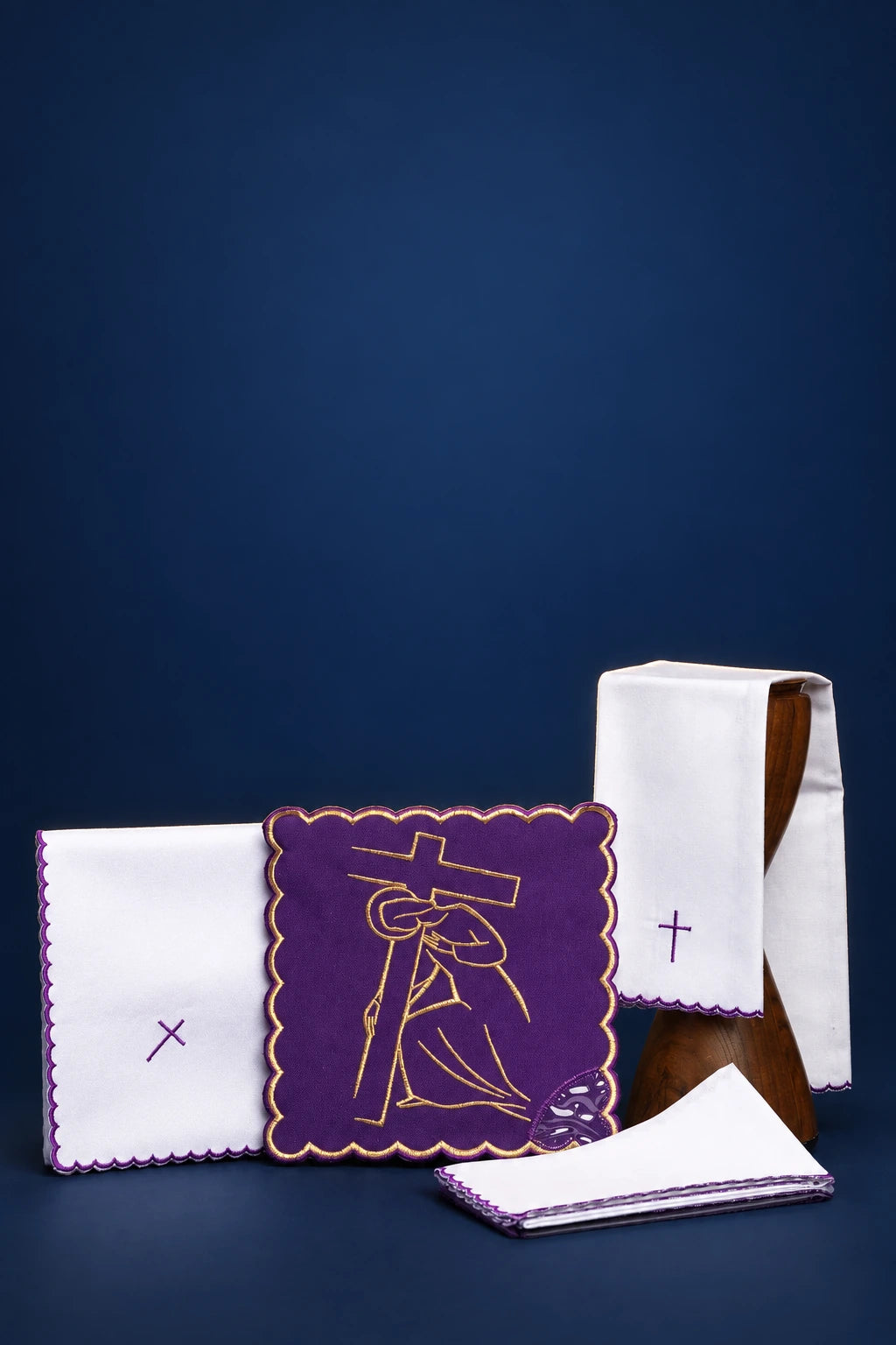 Embroidered Altar Linen Set with Stations of the Cross, white linens with purple and gold Stations of the Cross embroidery