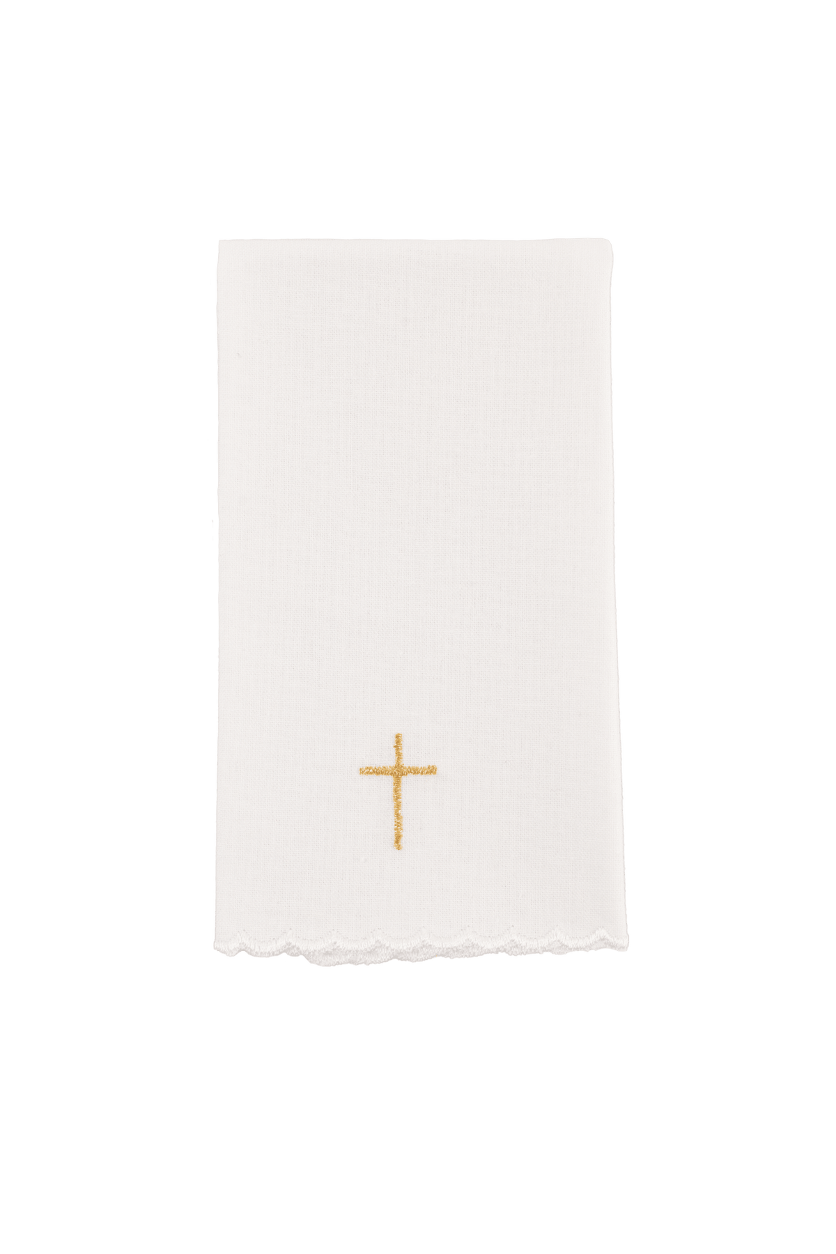 Altar linen set detail showing a white linen piece with a gold embroidered cross