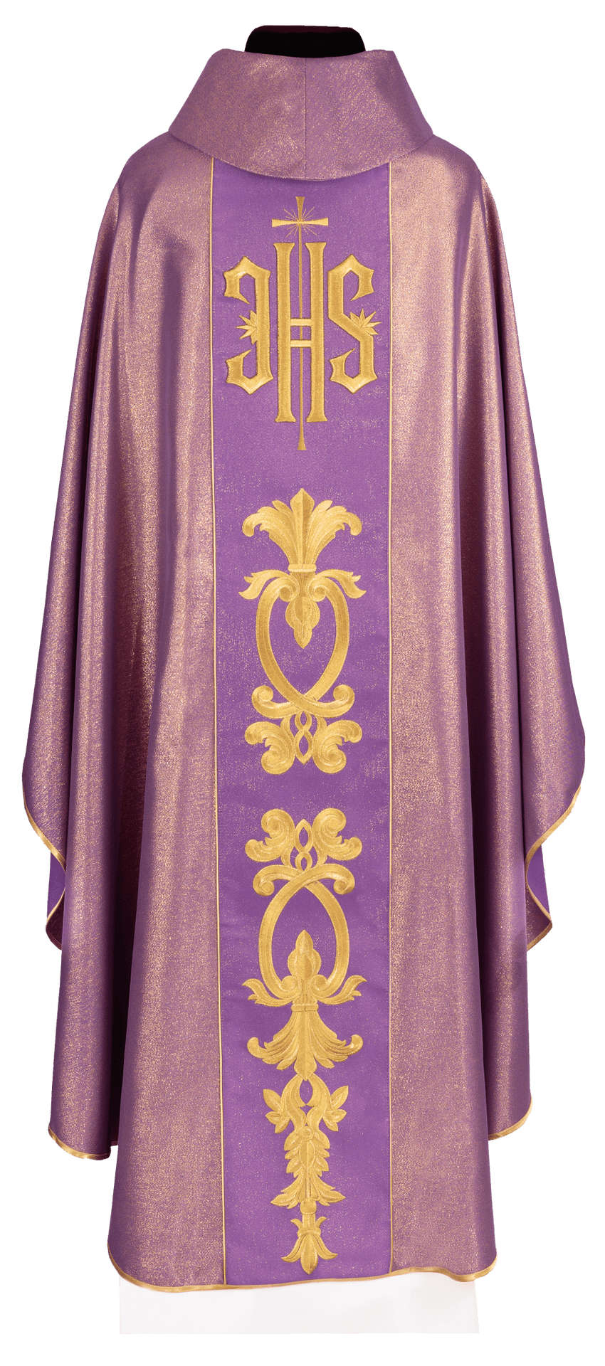 Purple chasuble, back view with wide gold IHS orphrey and decorative embroidery