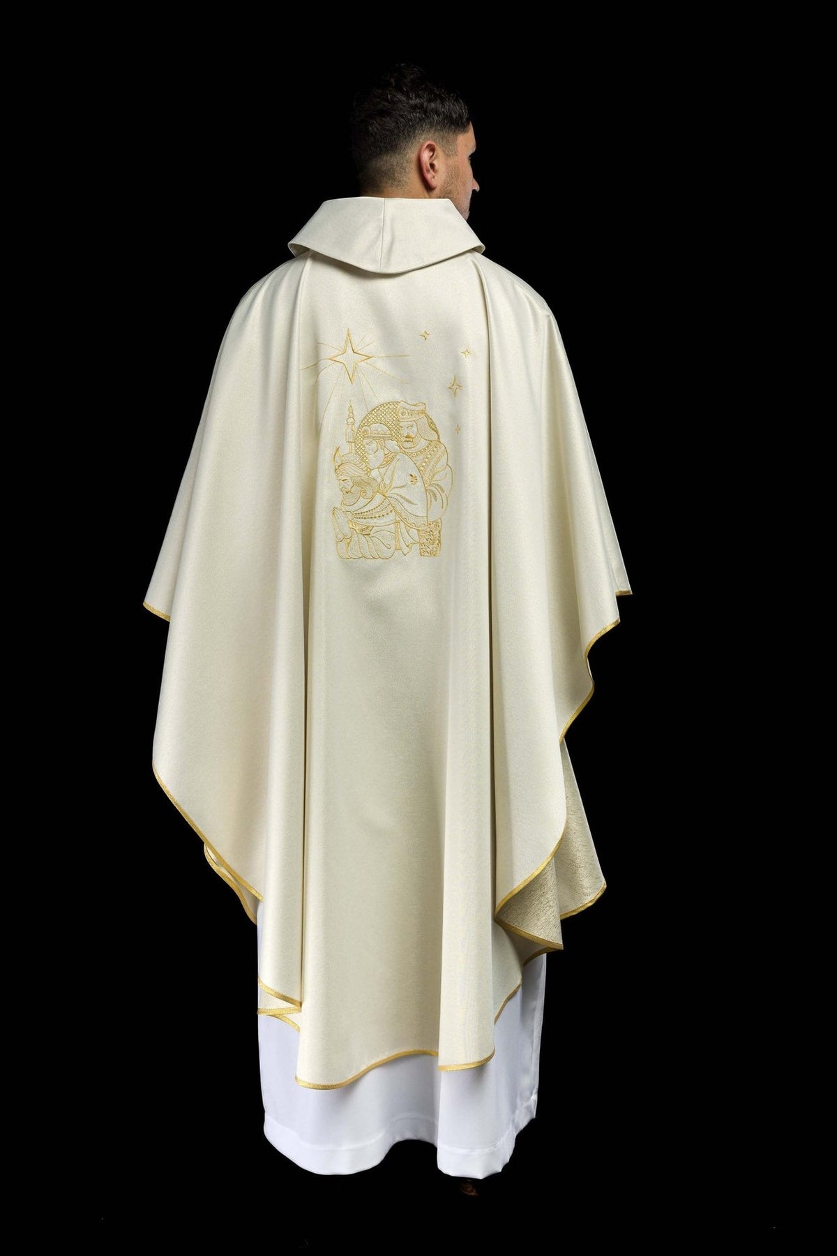 Epiphany chasuble, full back view with ivory fabric and gold trim