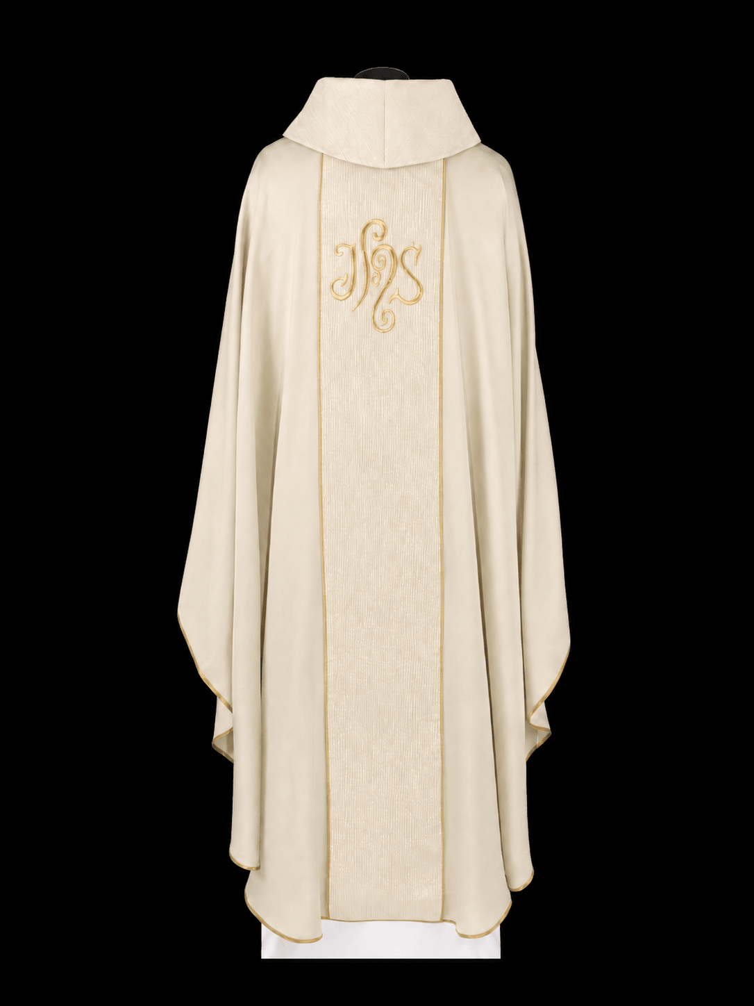 Ecru chasuble with orphrey, back view with gold trim