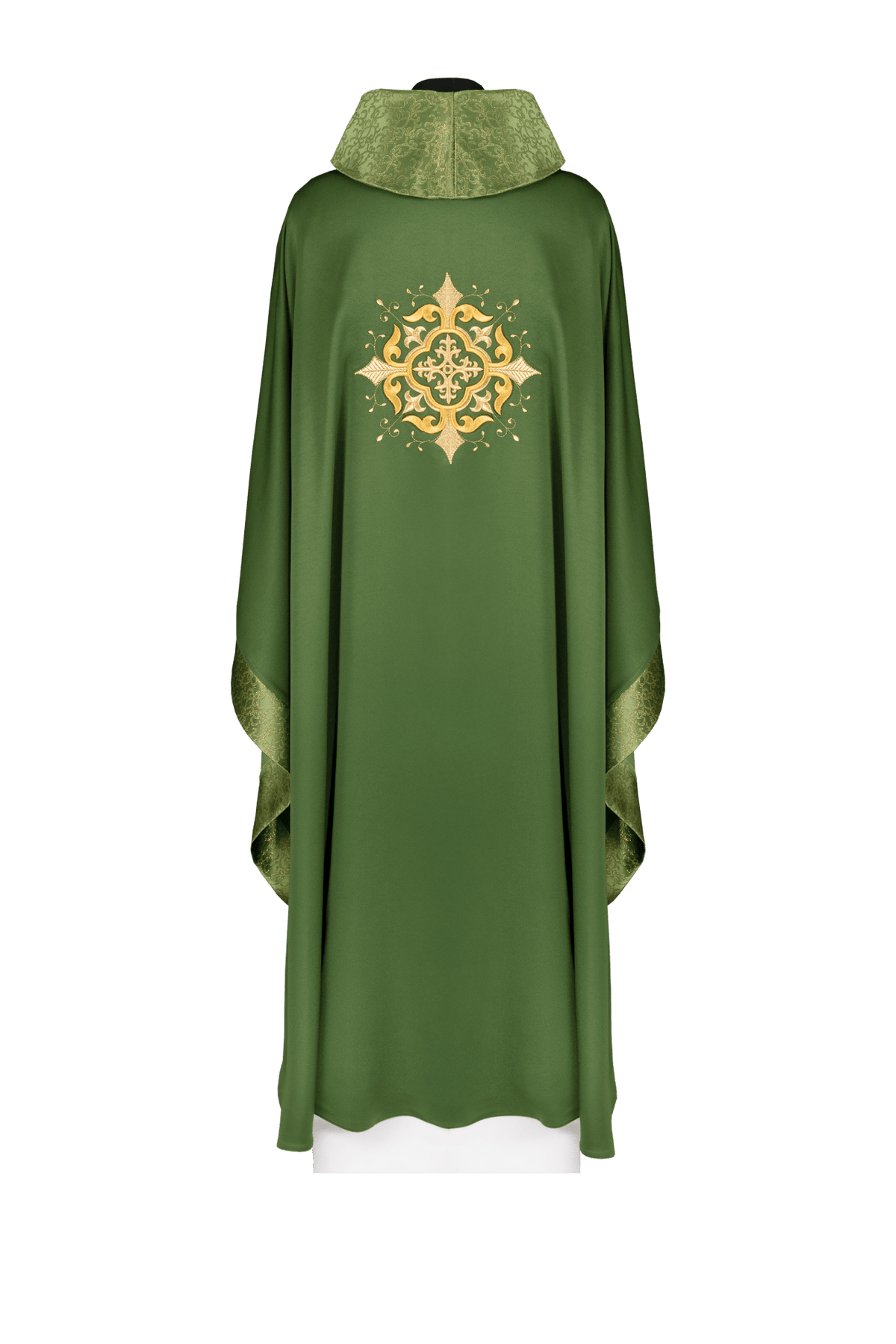 Green chasuble, back view with embroidered cross and gold-satin trim