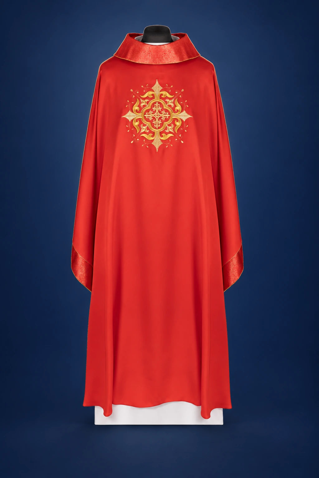 Red Liturgical Chasuble with Embroidered Cross Motif and Rich Trim, front view