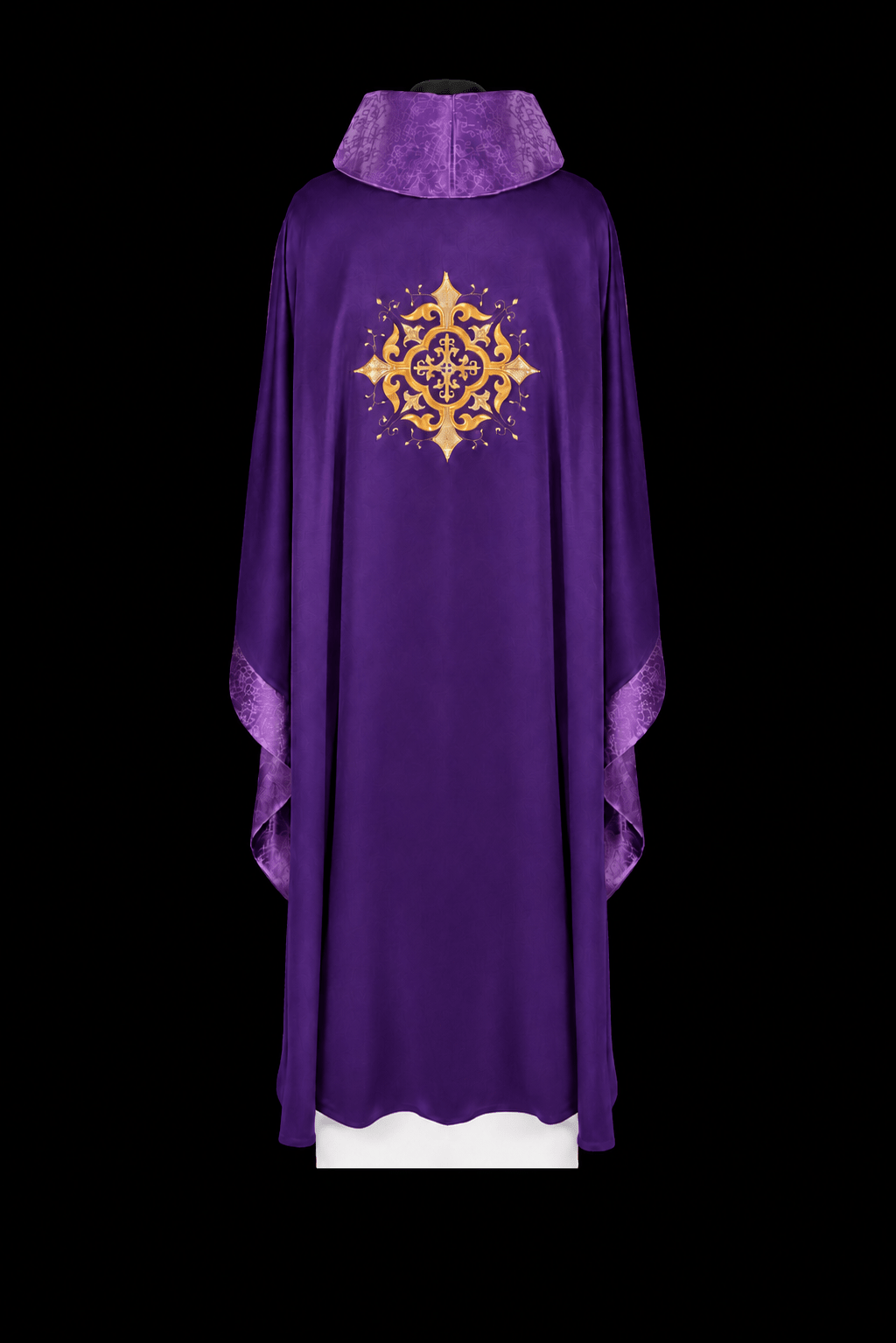 Purple chasuble, back view with gold embroidered cross and patterned trim