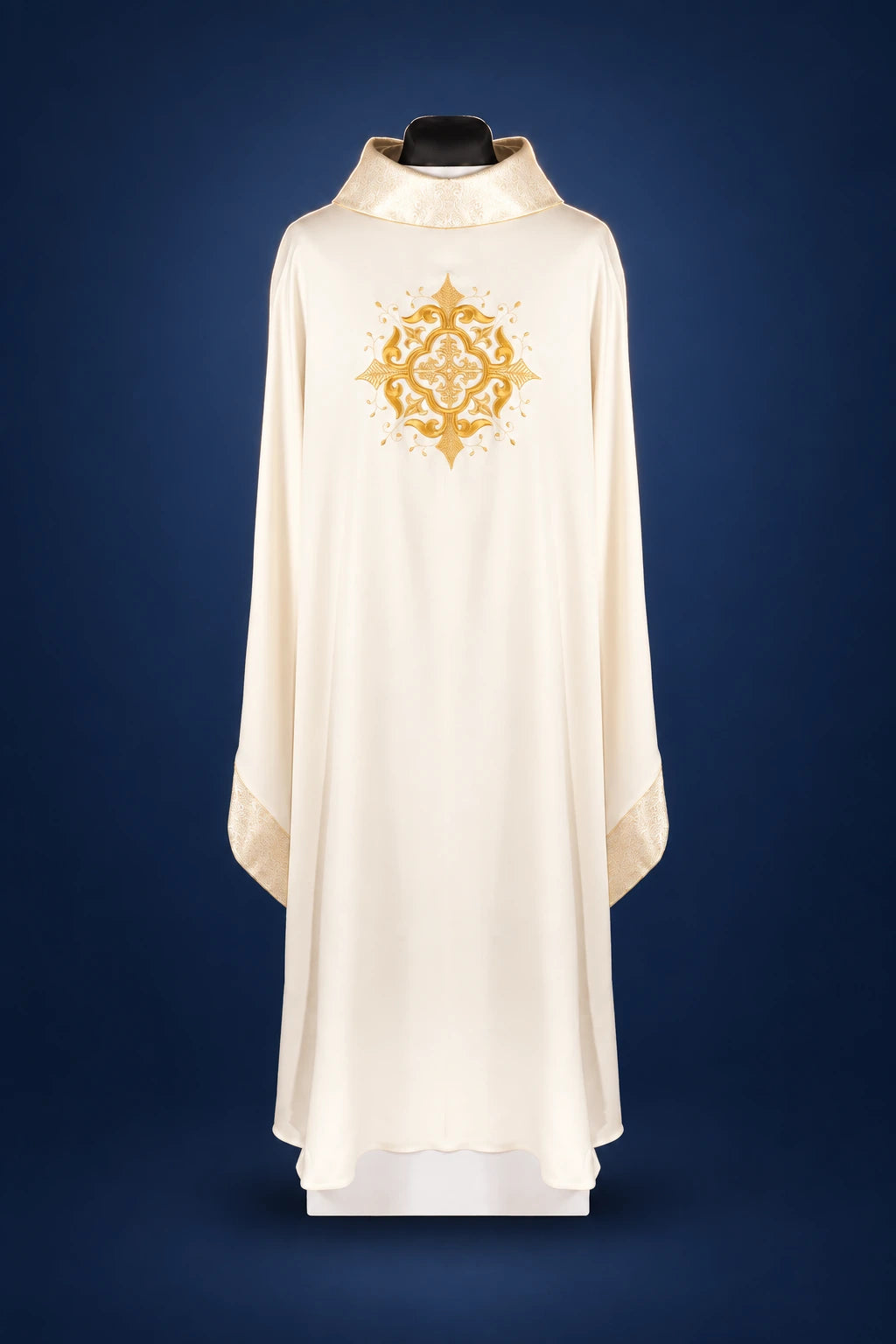 Liturgical Chasuble with Embroidered Cross Motif, Rich Ecru Finish, front view with gold embroidery and trim
