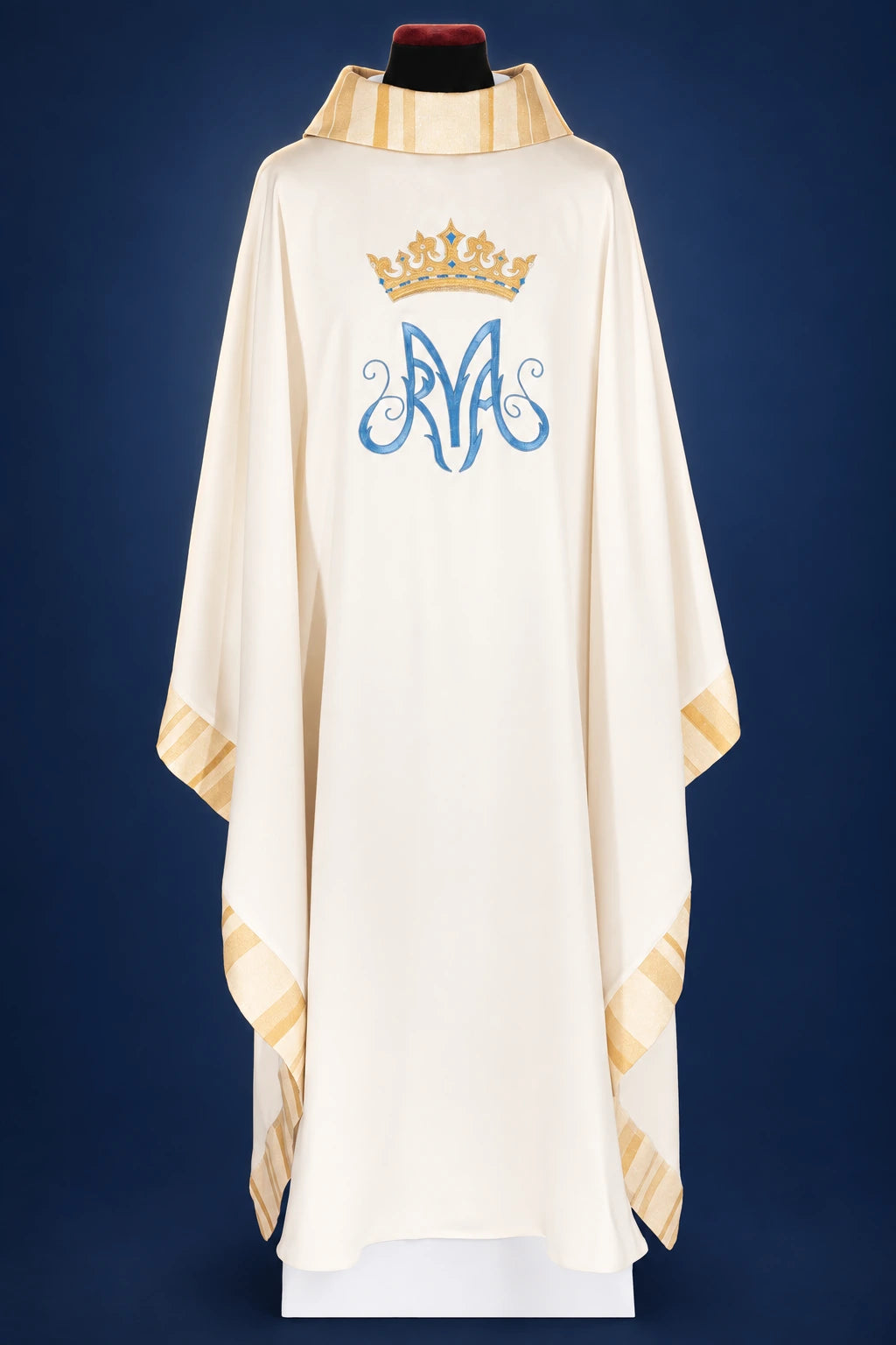 Embroidered Chasuble with Marian Motif, Ecru, front view with gold trim and blue Marian motif