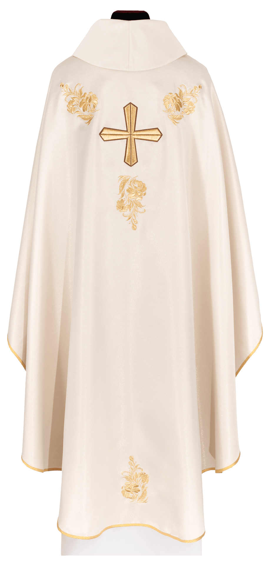 Embroidered cross chasuble, back view in ecru with gold floral embroidery