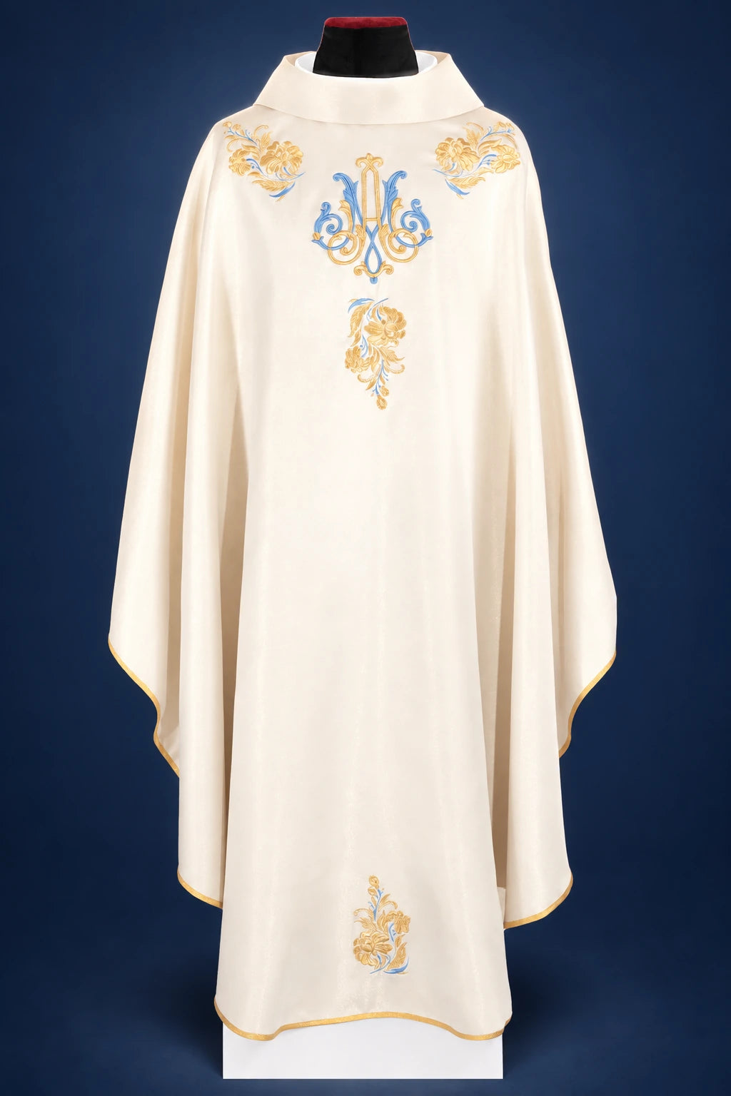 Embroidered Marian Chasuble, Ecru front view with blue and gold Marian motif and gold trim