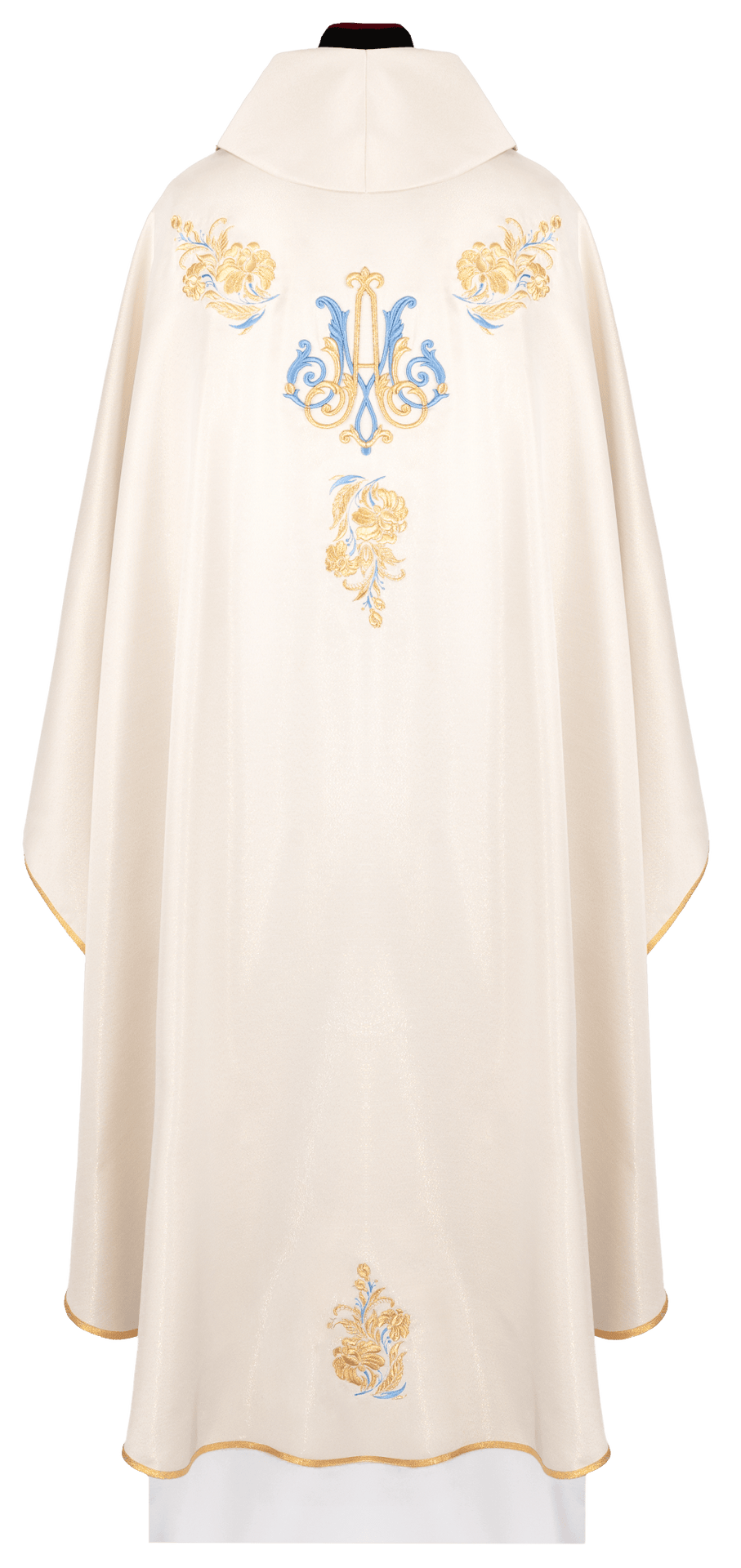 Marian chasuble back view with blue and gold embroidered Marian motif and gold trim