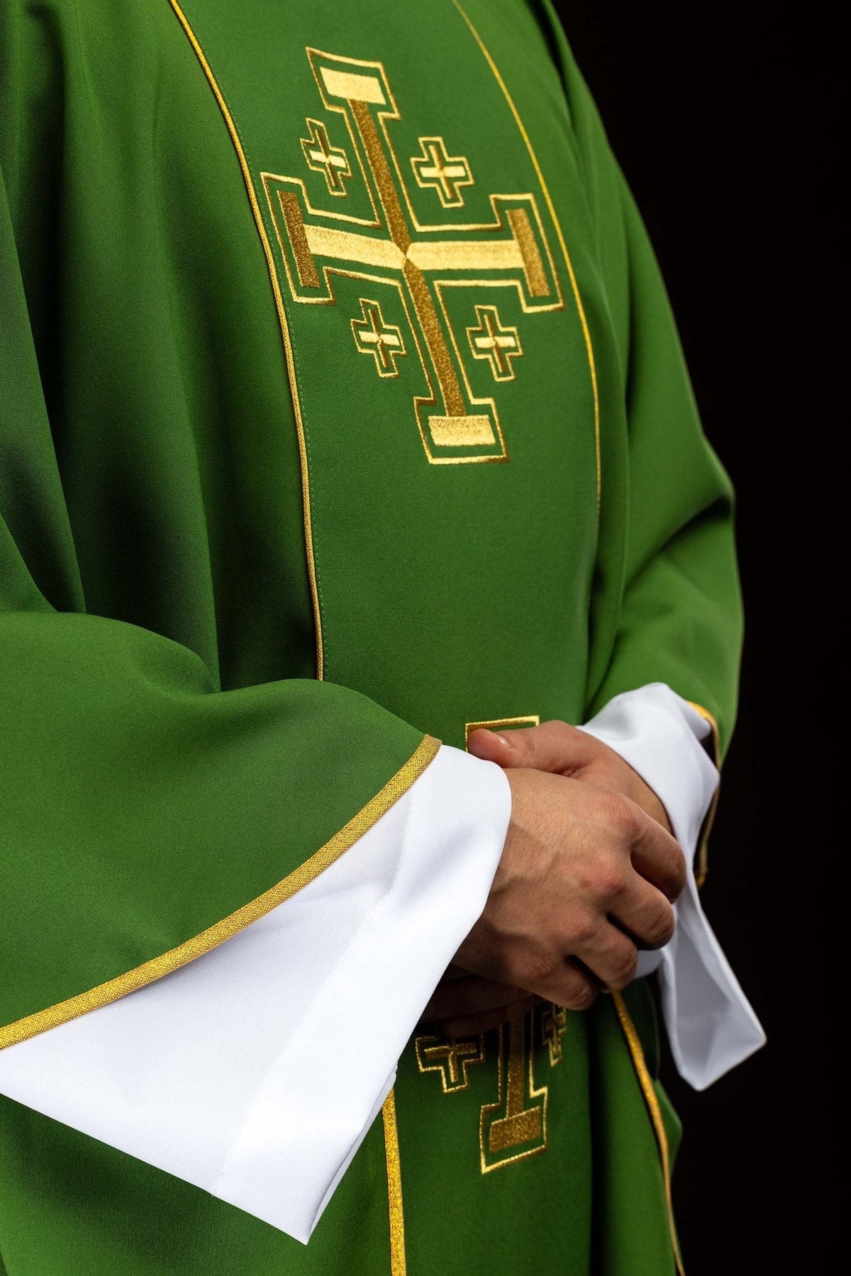 Green embroidered chasuble side view with gold trim and Jerusalem cross