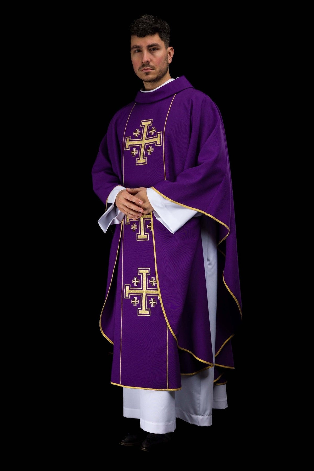 Purple chasuble angled front view showing gold embroidered orphrey and trim