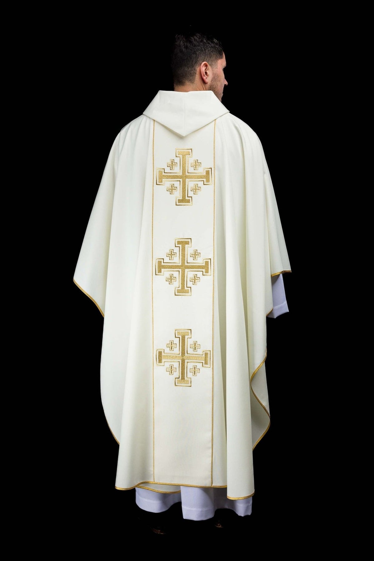 Ecru chasuble full back view with three gold Jerusalem crosses