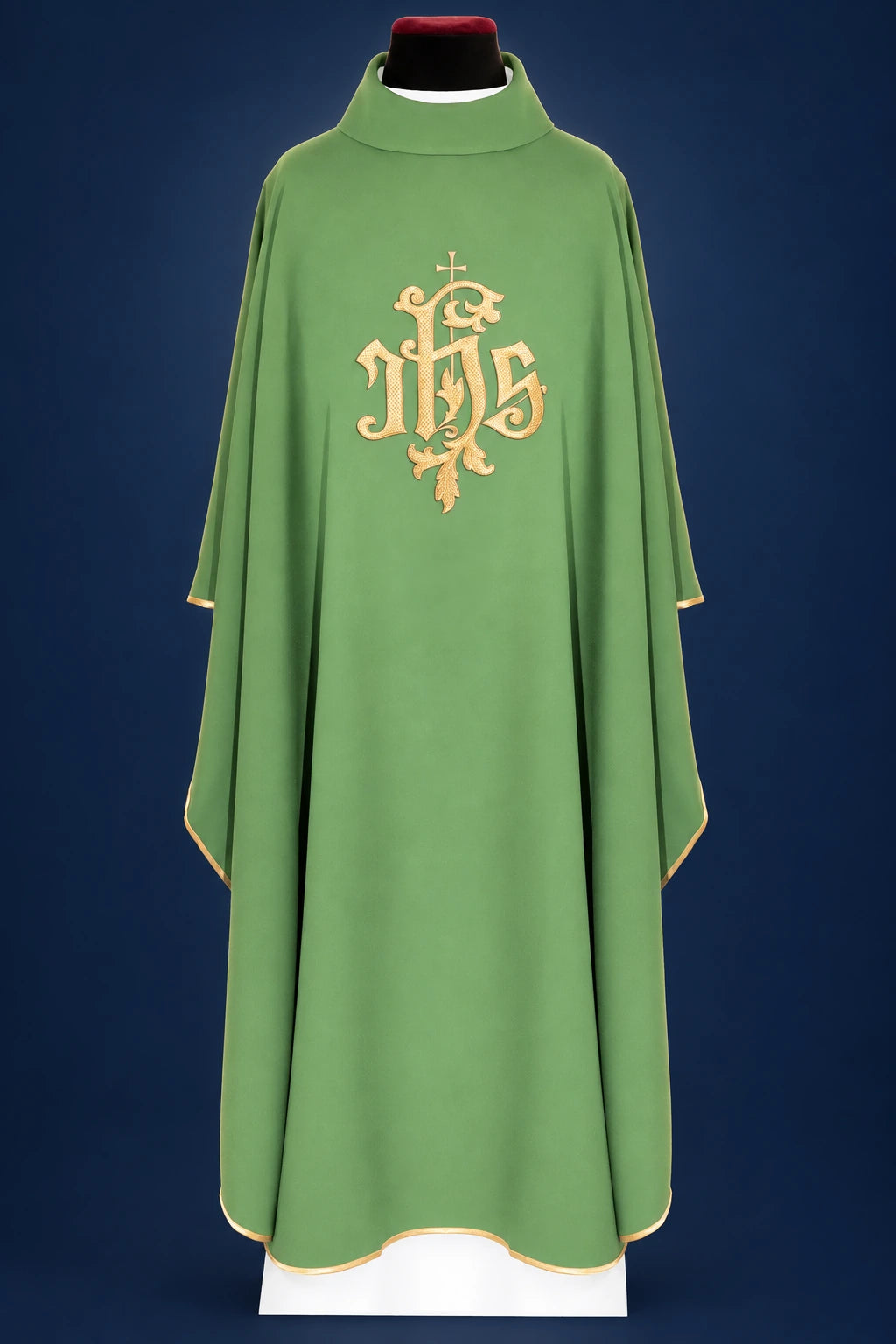 Green Chasuble with Gold IHS Embroidery and Stand-Up Collar, front view with gold trim