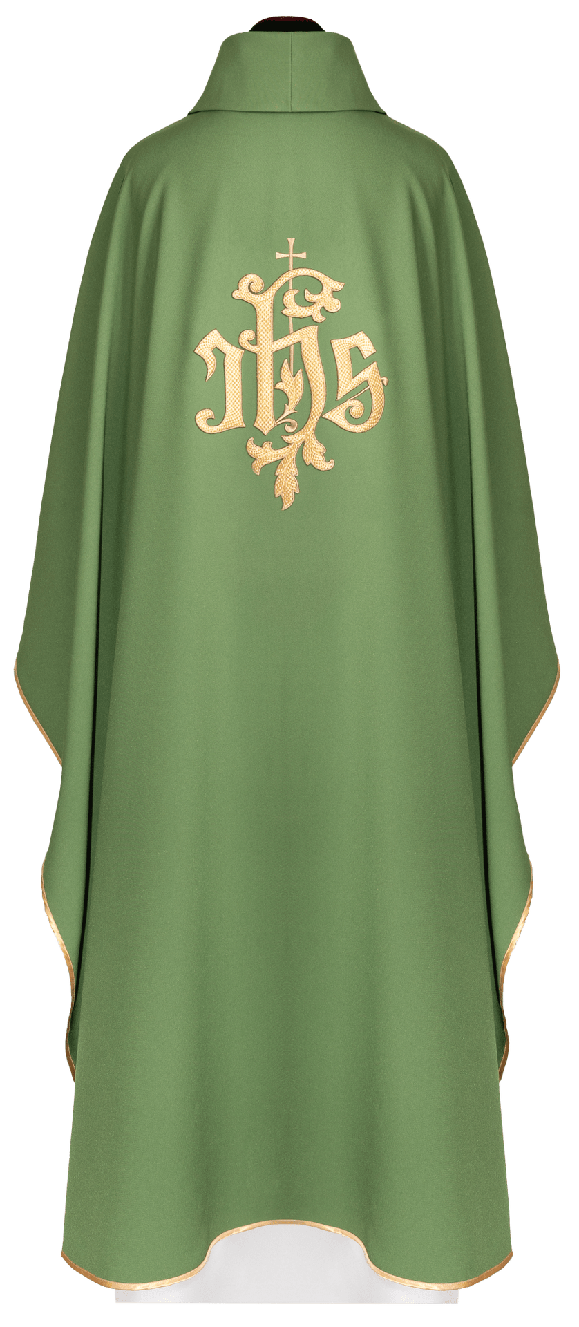 Green chasuble, back view with gold IHS embroidery and gold trim