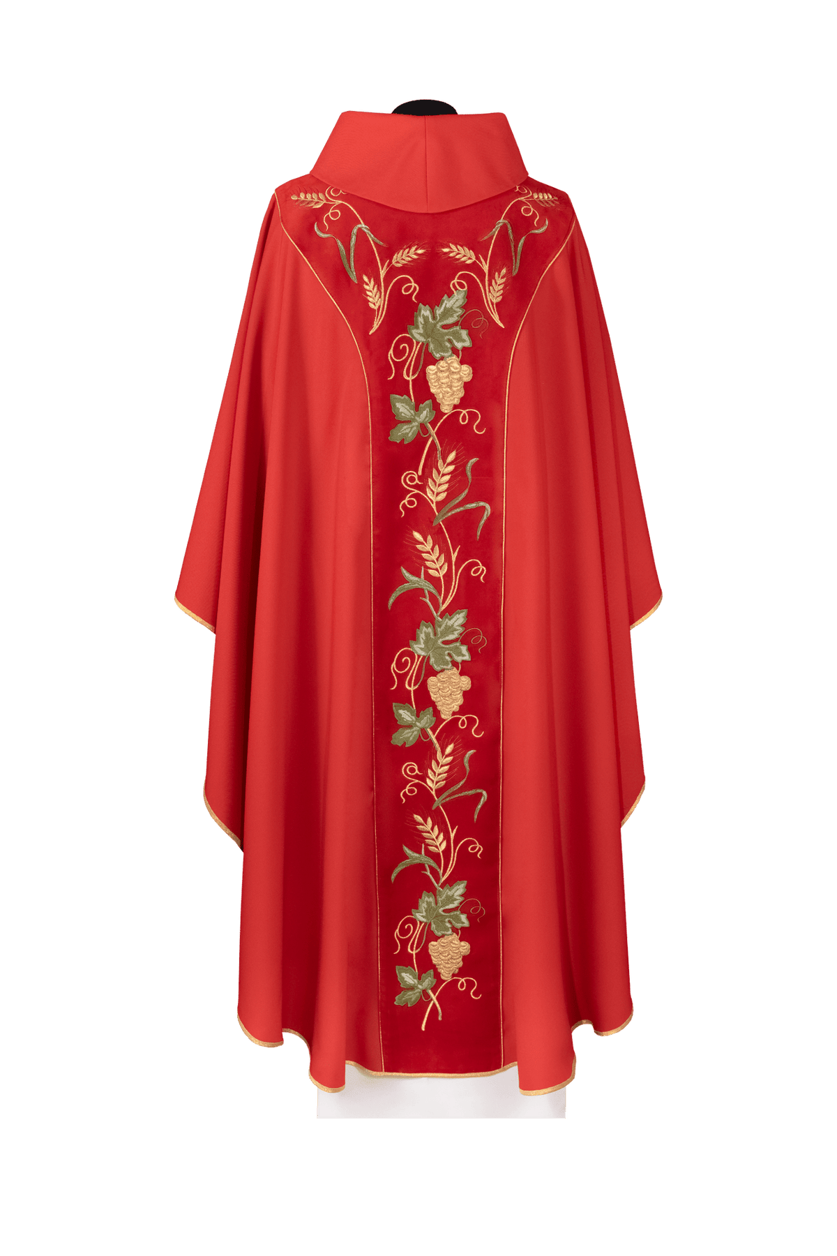 Red chasuble back view with velvet orphrey and embroidered grapevine, wheat and leaf motifs
