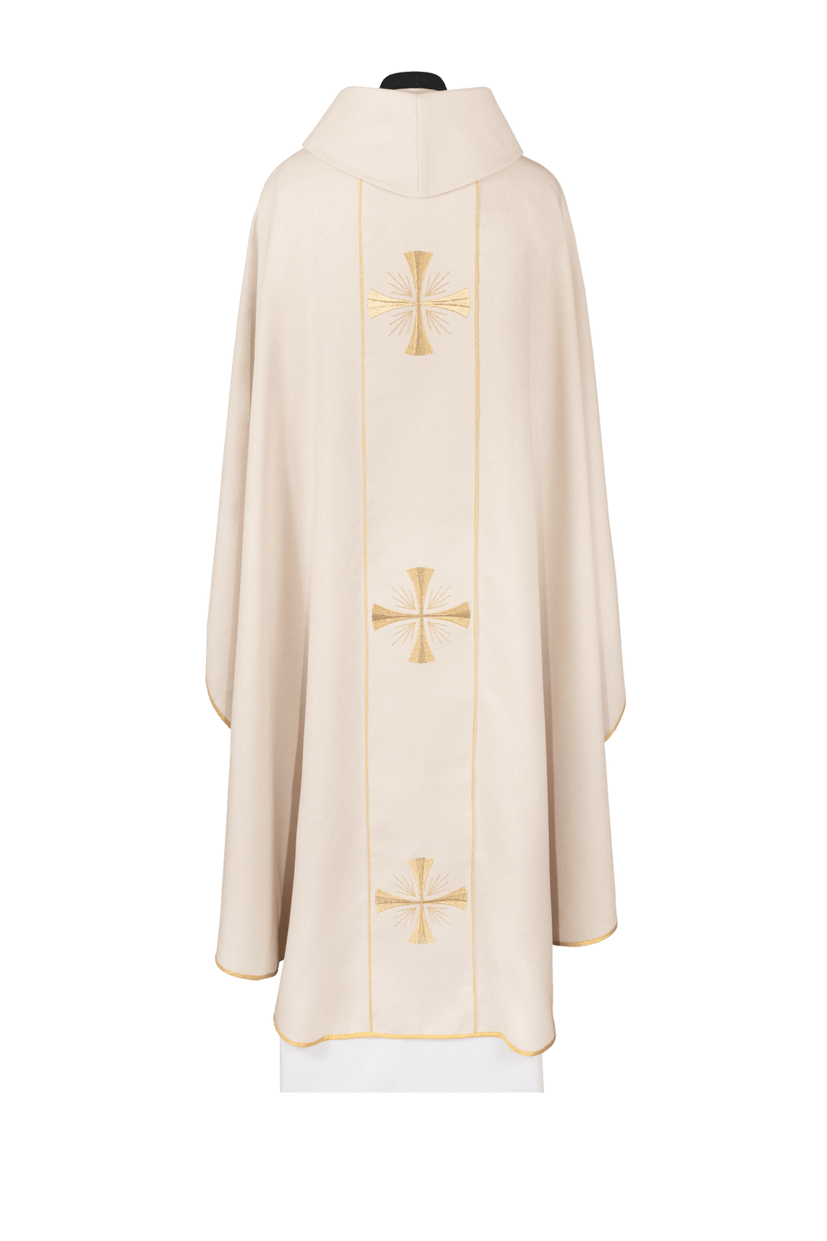 Ecru chasuble with orphrey and cross embroidery, back view