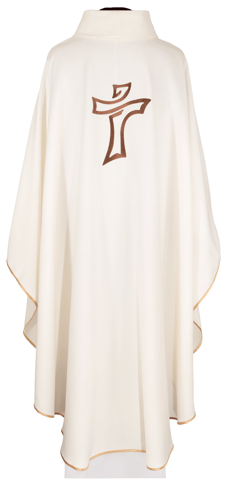 Ecru chasuble back view with brown cross embroidery and gold trim